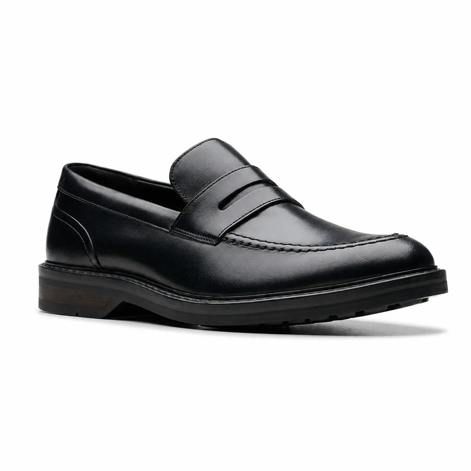 Black leather men’s slip-on loafer with strap detail and stitched vamp, low block heel