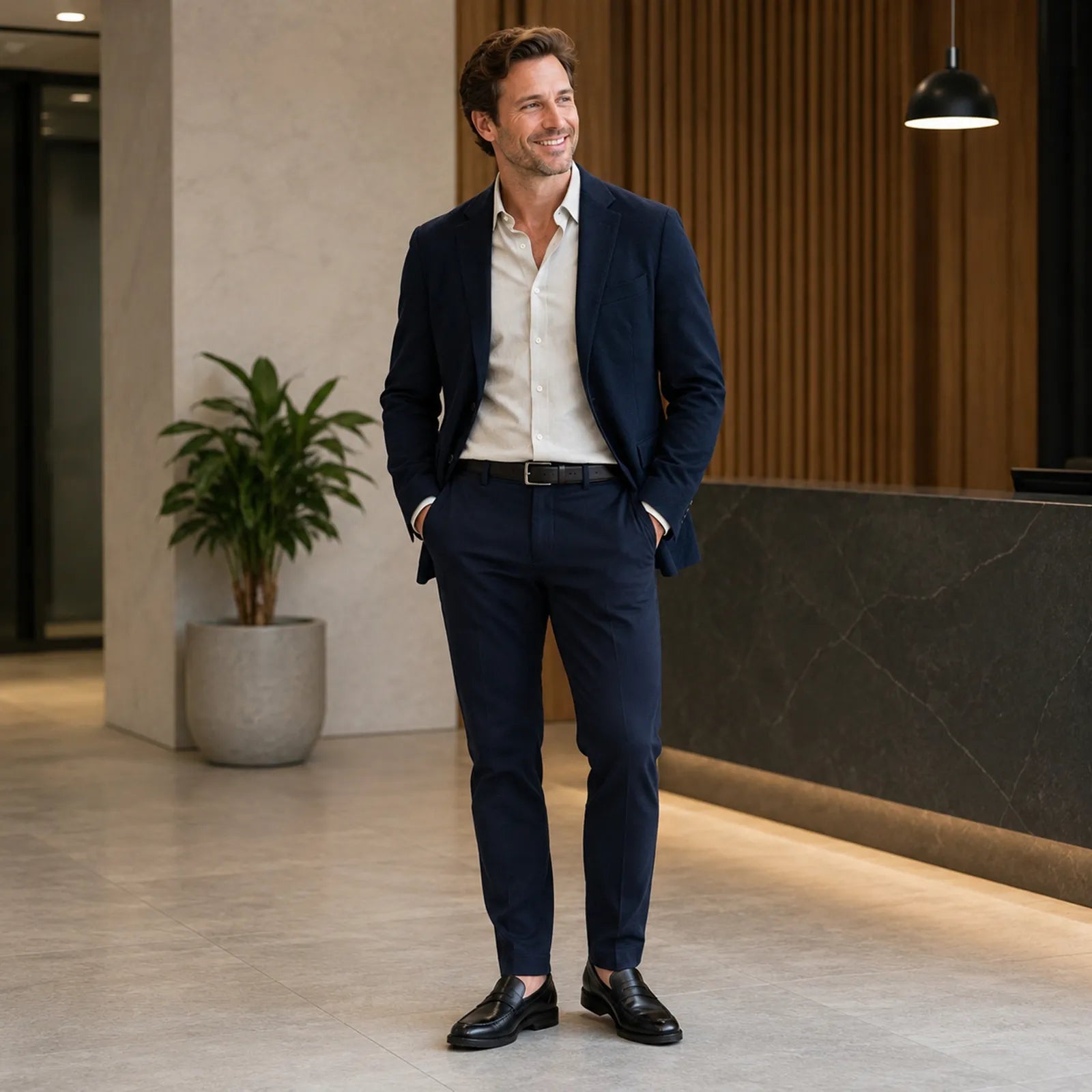 Men wearing black leather slip-on loafers with strap detail and low block heel