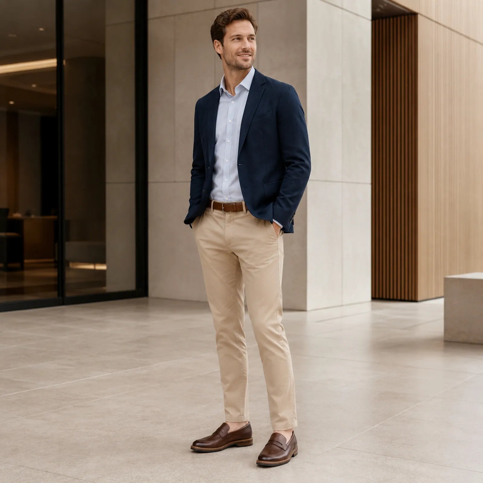 Men wearing brown leather slip-on loafers with strap detail and low block heel