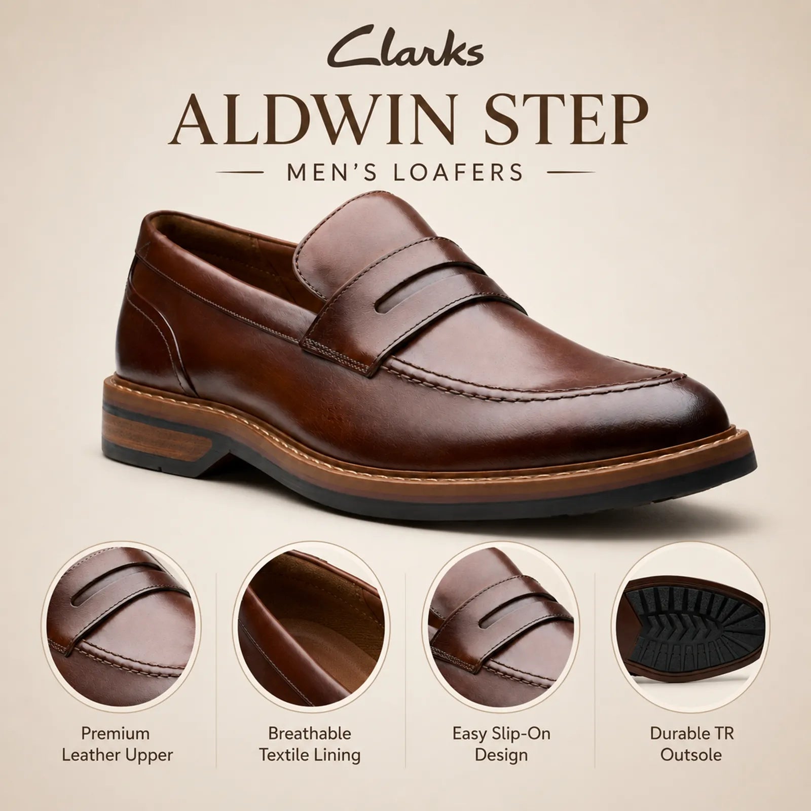 Brown leather men’s slip-on loafer with strap detail and stitched vamp, low block heel