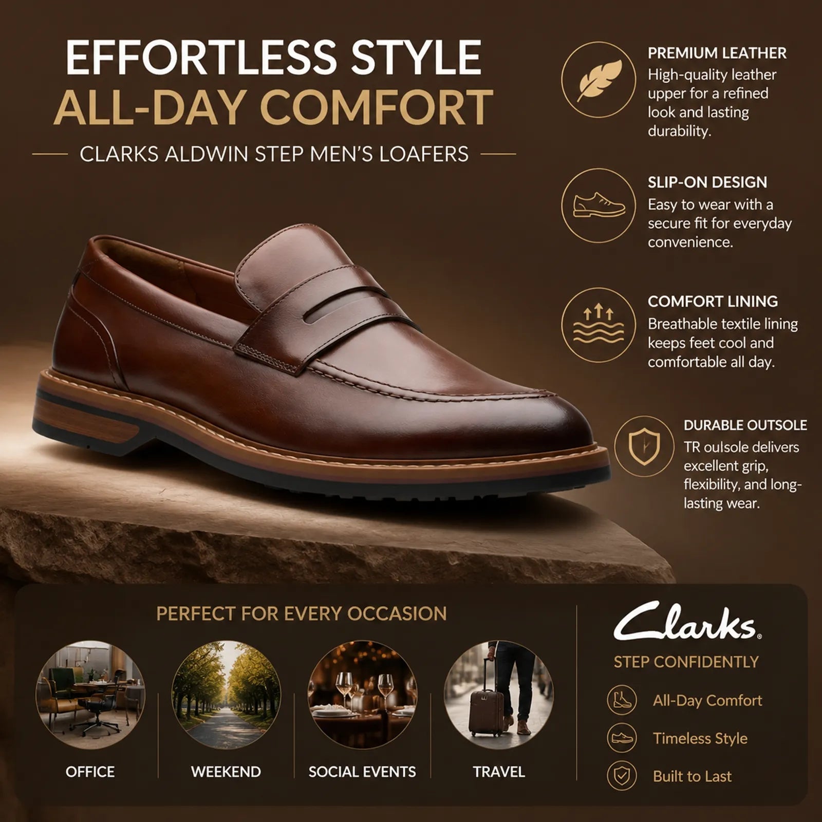 Brown leather men’s loafer with strap detail and stitched apron, low block heel