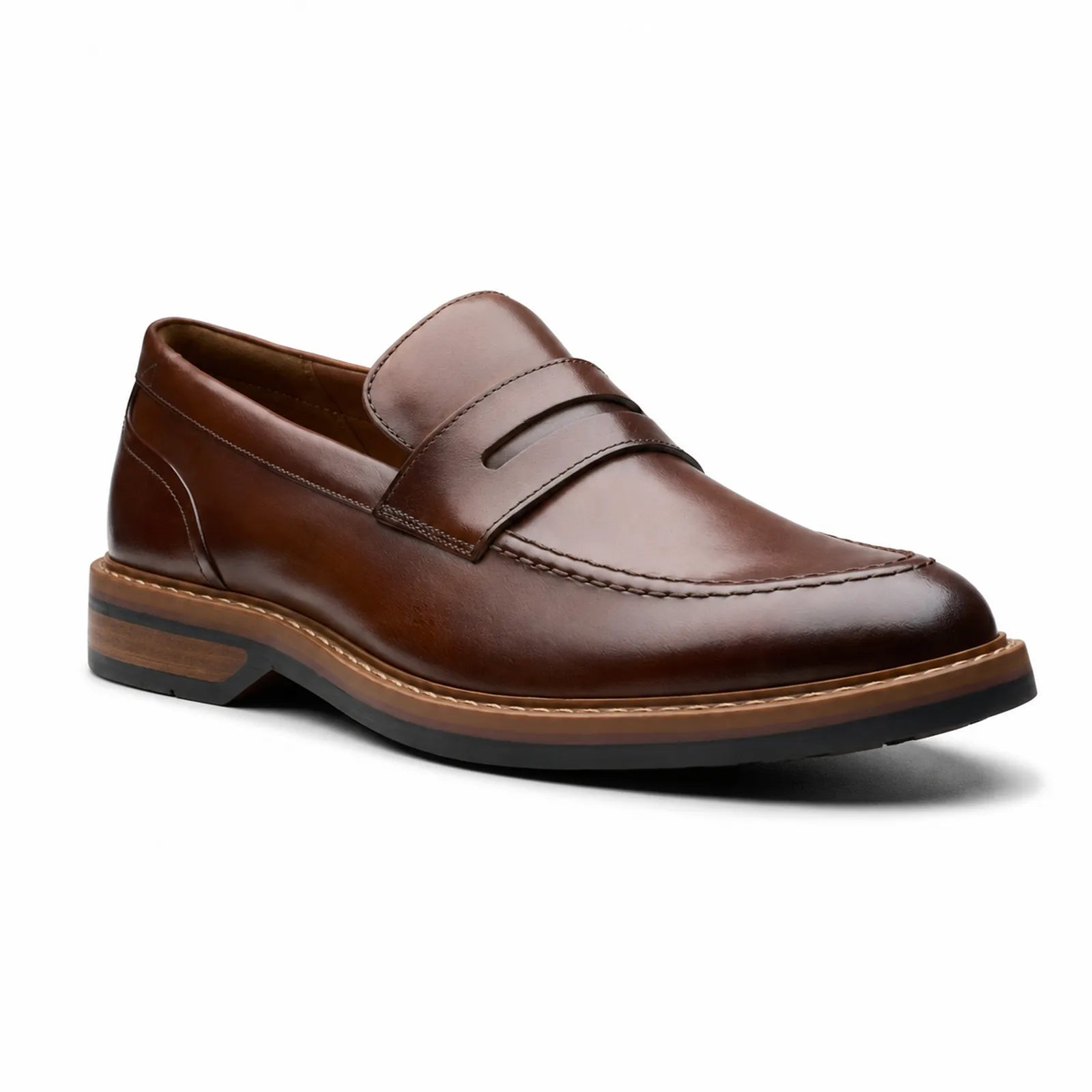 Brown leather men’s slip-on loafer with strap detail and stitched apron, low block heel