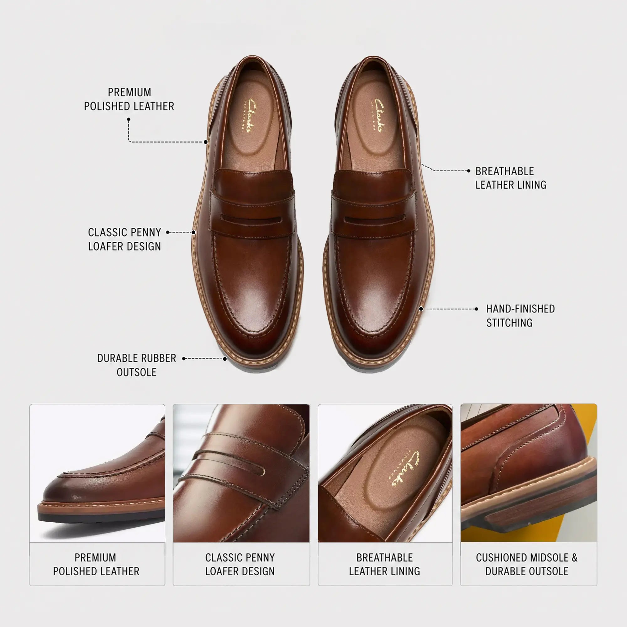 Clarks Aldwin Step Men's Leather Business Shoes – Easy Casual Comfort-Brown