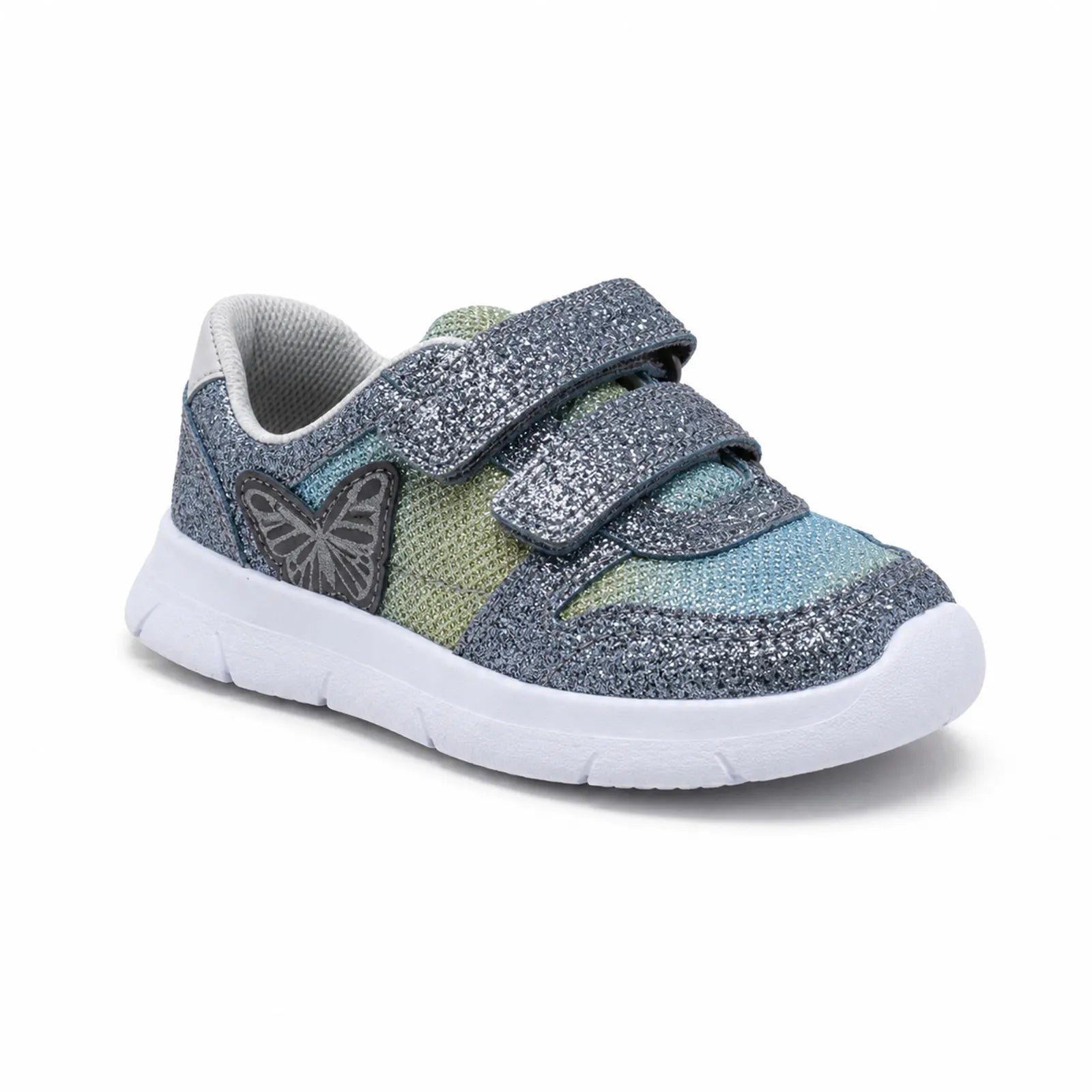 Clarks kids glitter sneakers with hook-and-loop straps, blue-green speckled knit