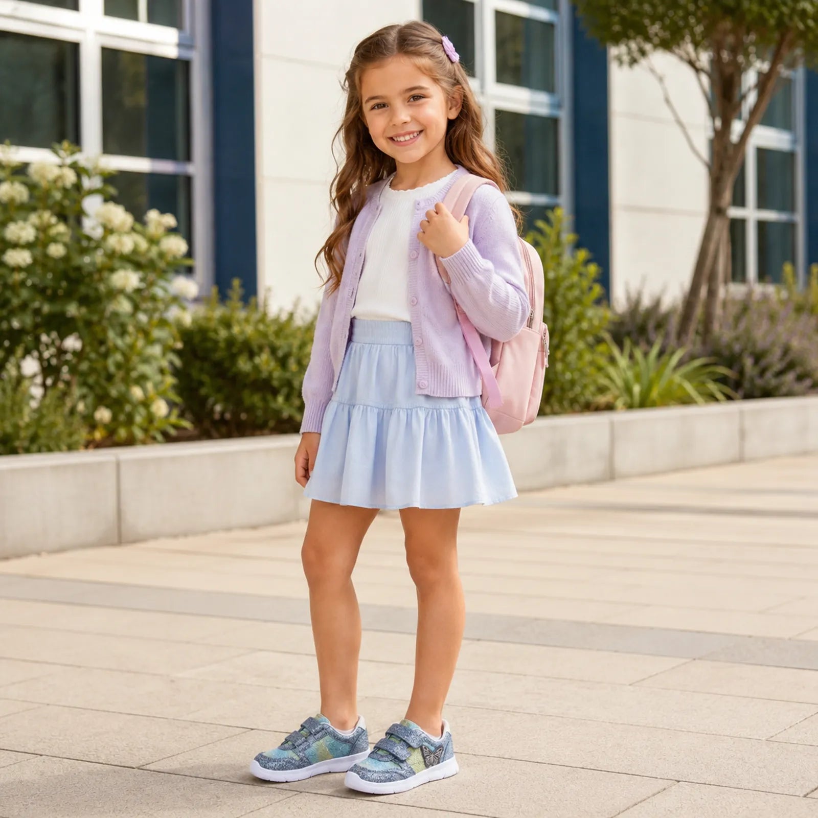Kids glitter sneakers in blue-green with hook-and-loop straps and white rubber sole