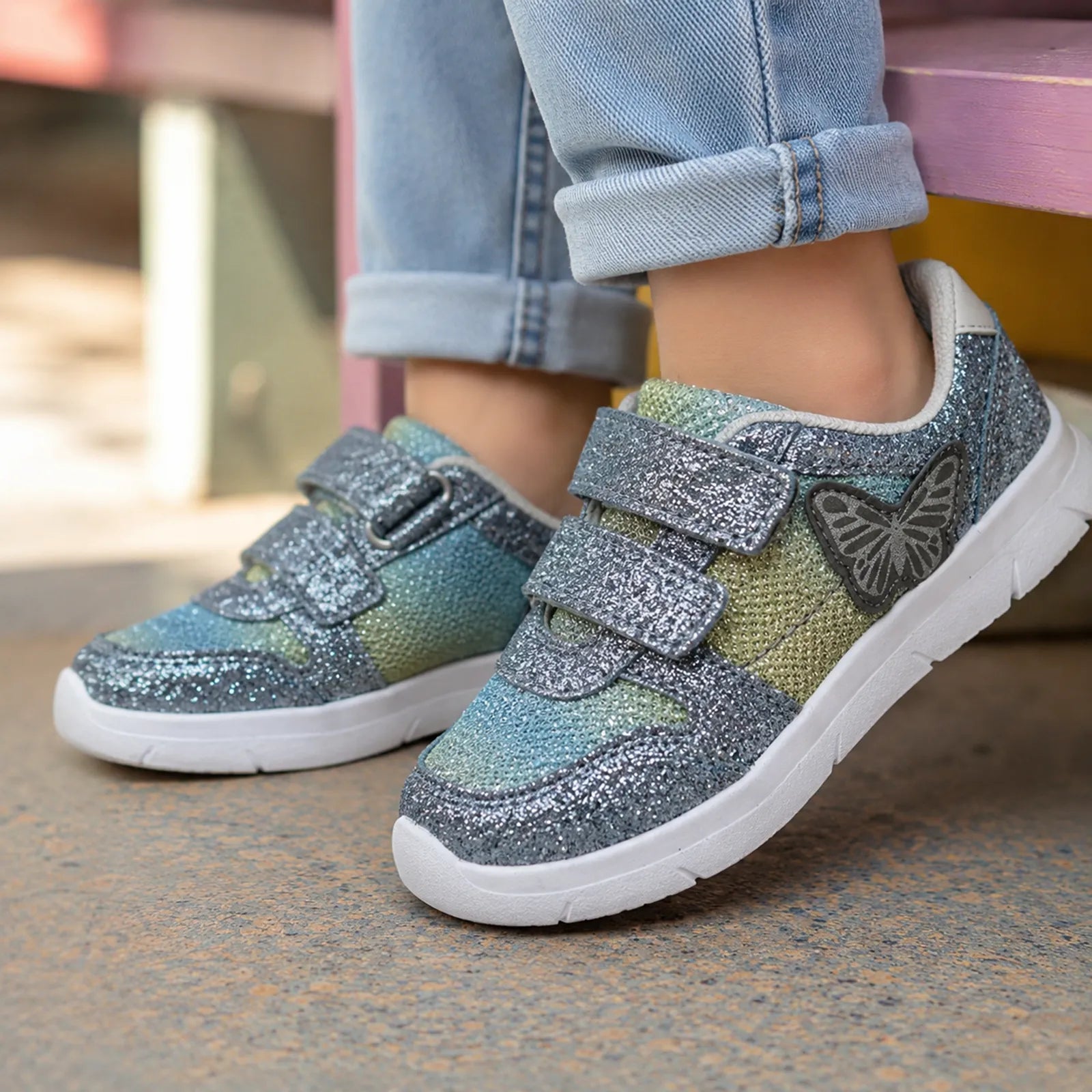 Kids hook-and-loop glitter sneakers, blue-green speckled upper, white cushioned sole