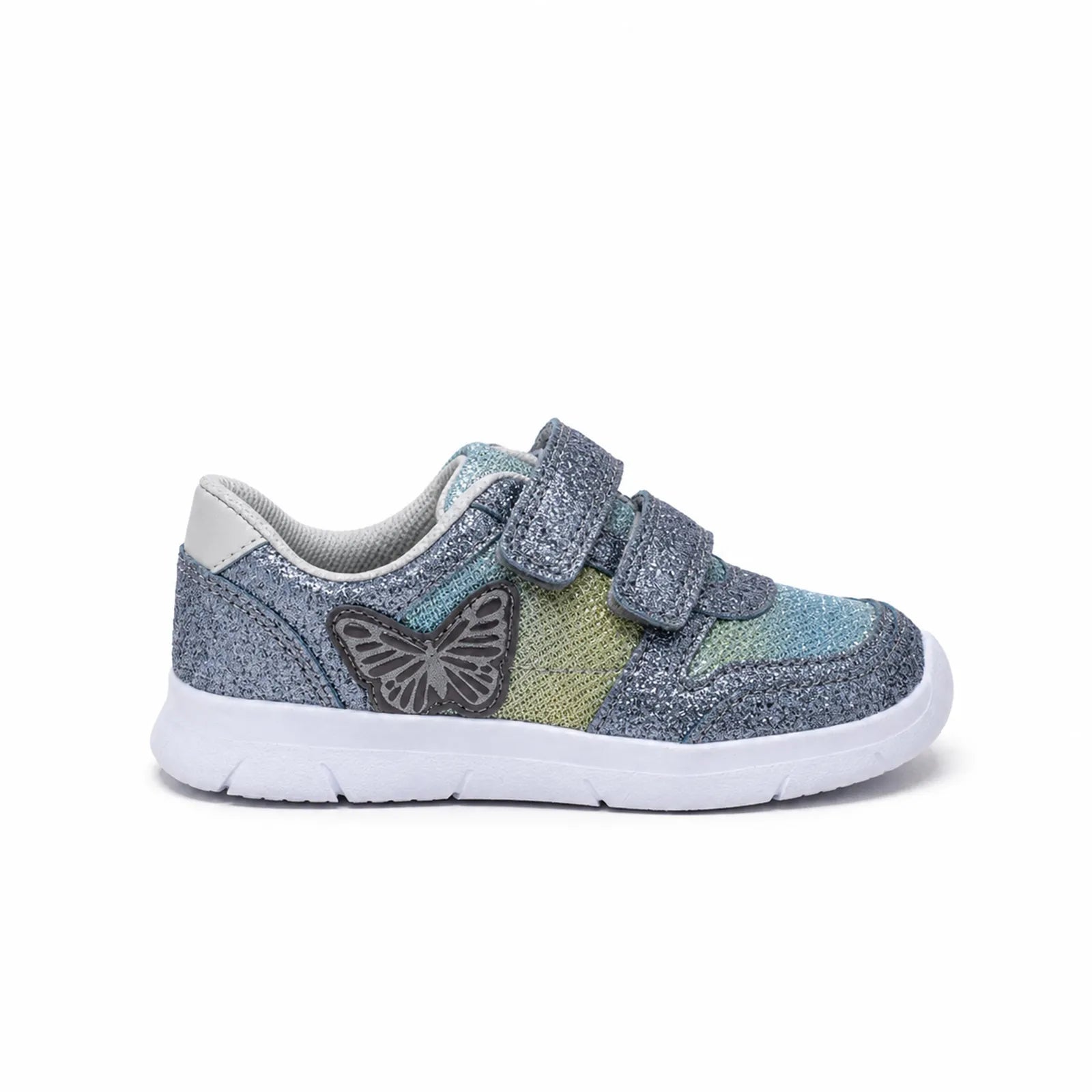 Clarks kids glitter sneakers, blue-gray speckled upper with hook-and-loop closure