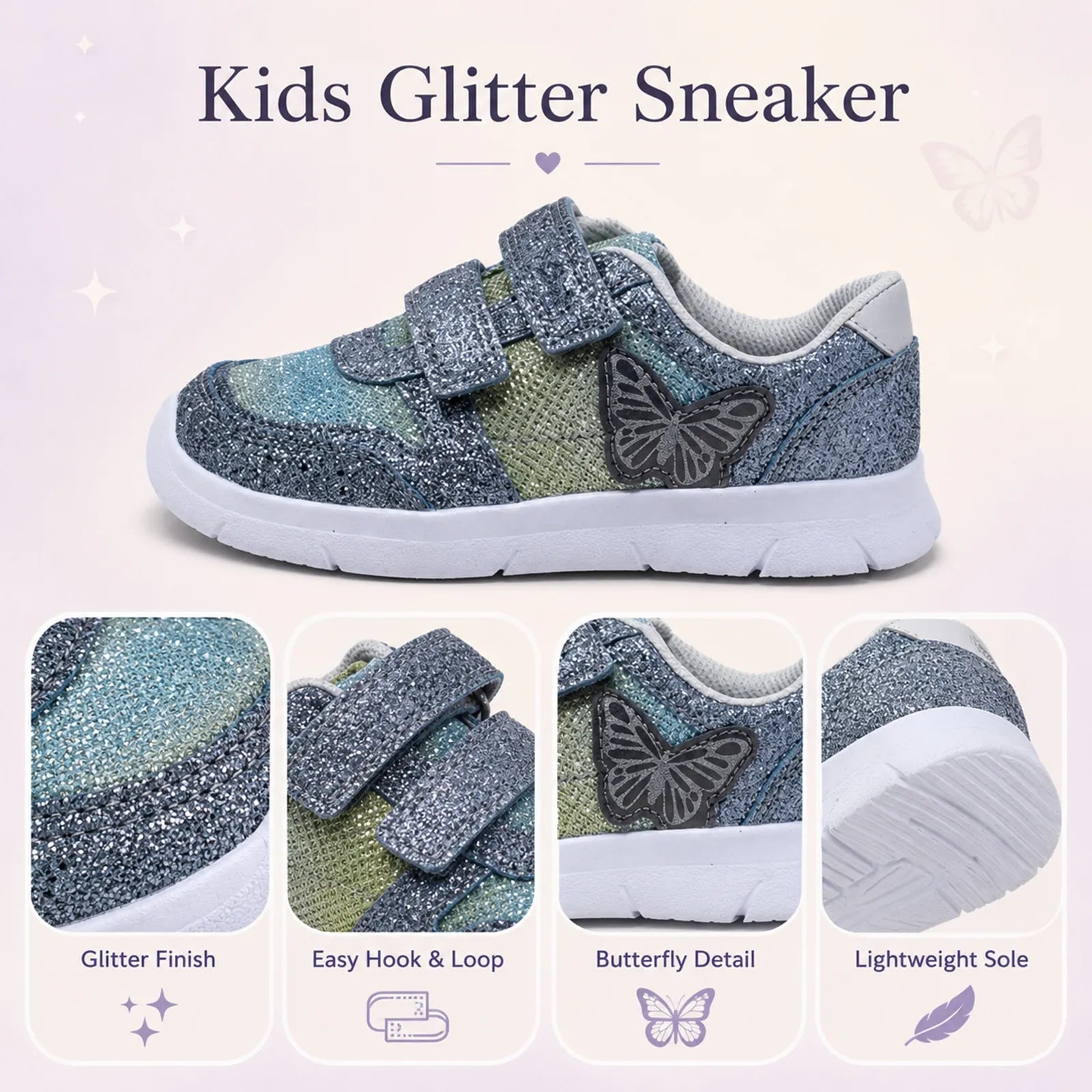 Kids glitter sneakers with butterfly logo, hook-and-loop closure, lightweight white sole