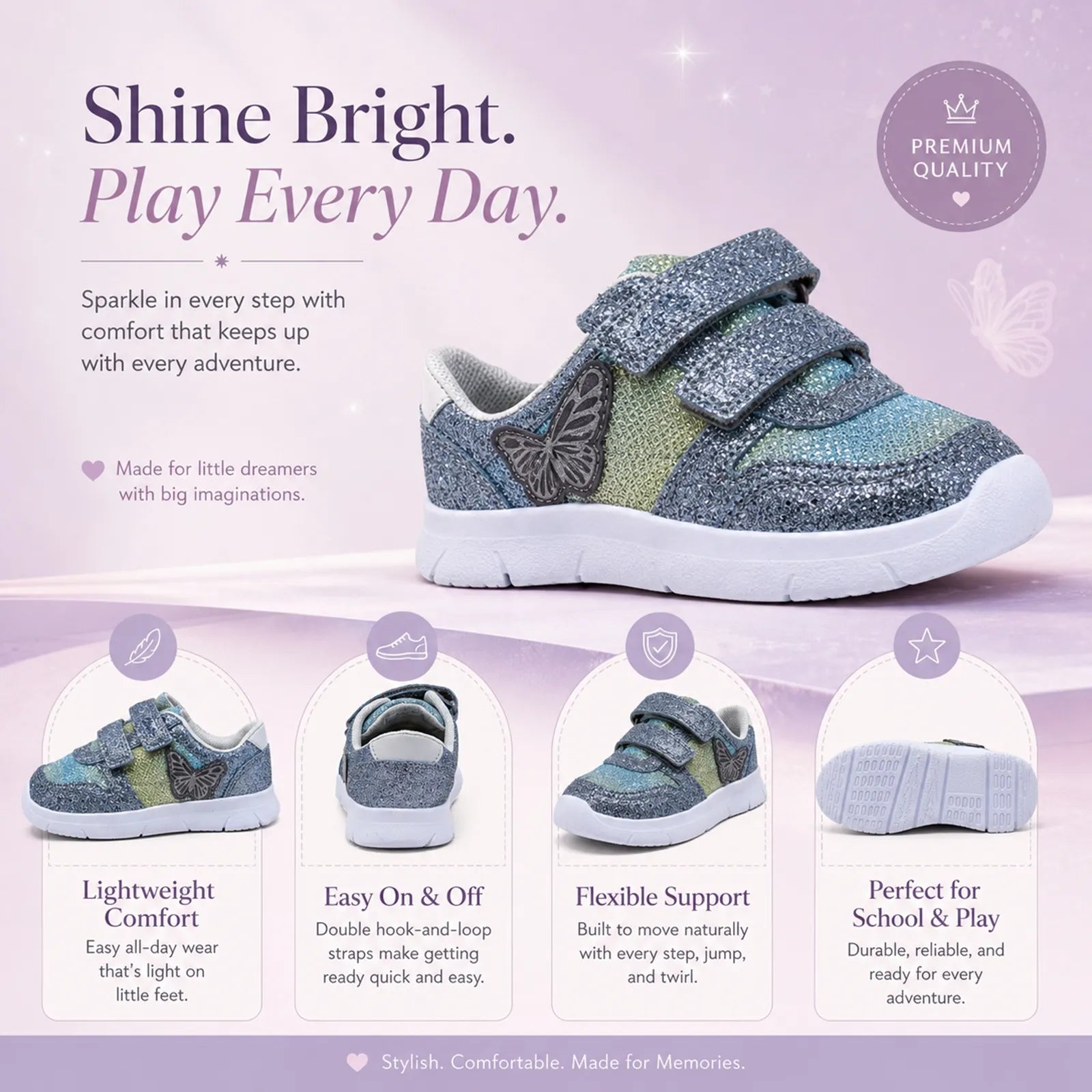 Clarks kids glitter sneakers with hook-and-loop straps, butterfly logo, light sole