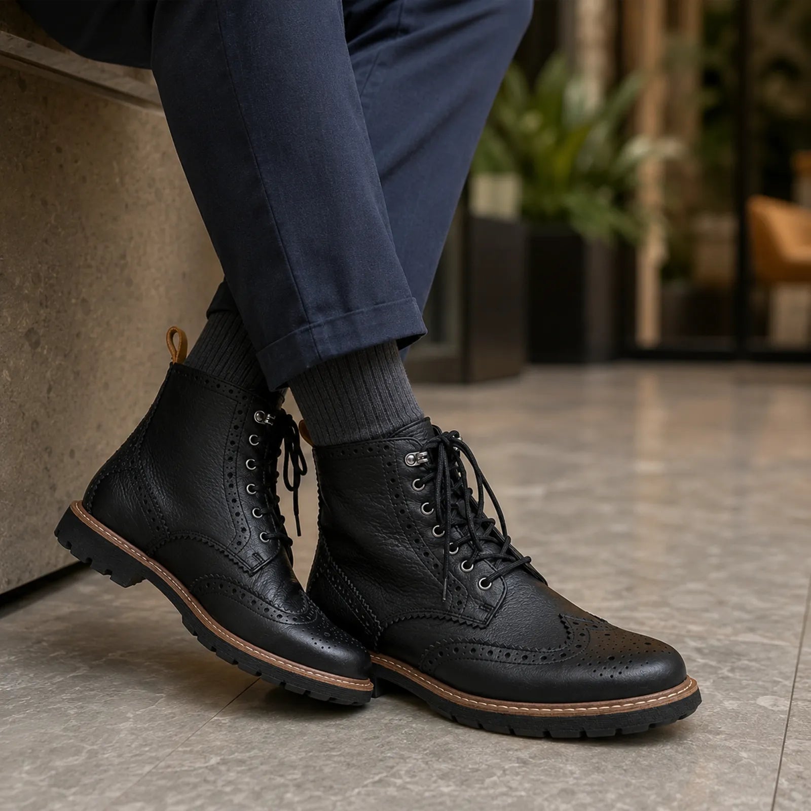 Black leather lace-up brogue boots with brogue detailing and rugged tread sole
