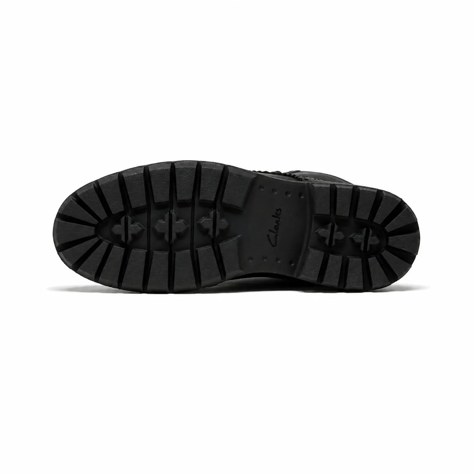 Black rubber outsole for lace-up brogue boots with deep tread pattern