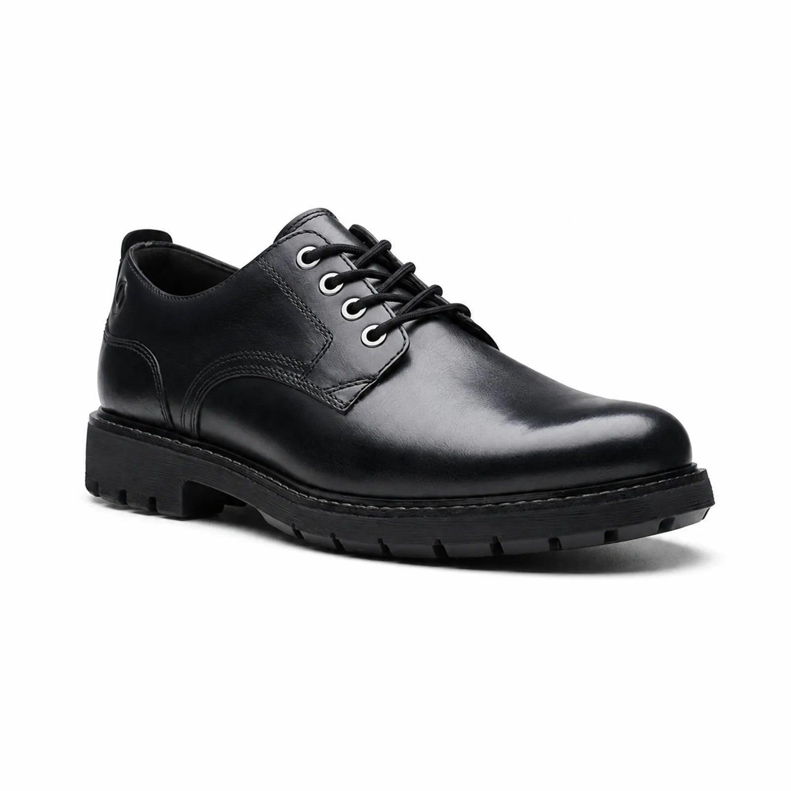 Black leather lace-up business shoes, front 3/4 view