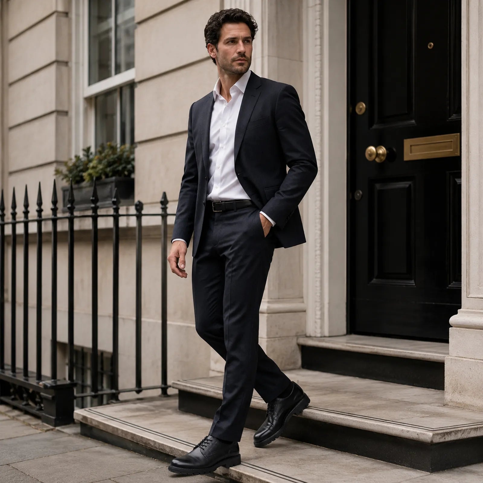 Black leather lace-up business shoes on model, standing side view