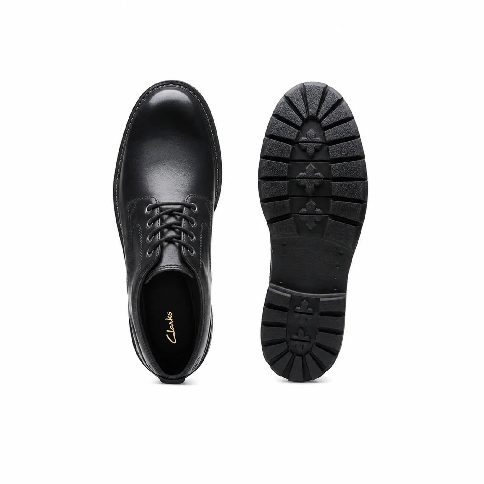 Black leather lace-up business shoes, front and sole views