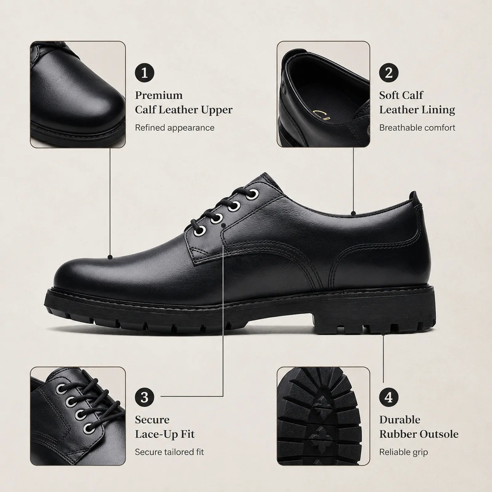 Men's black leather lace-up business shoe with padded collar and rubber outsole tread