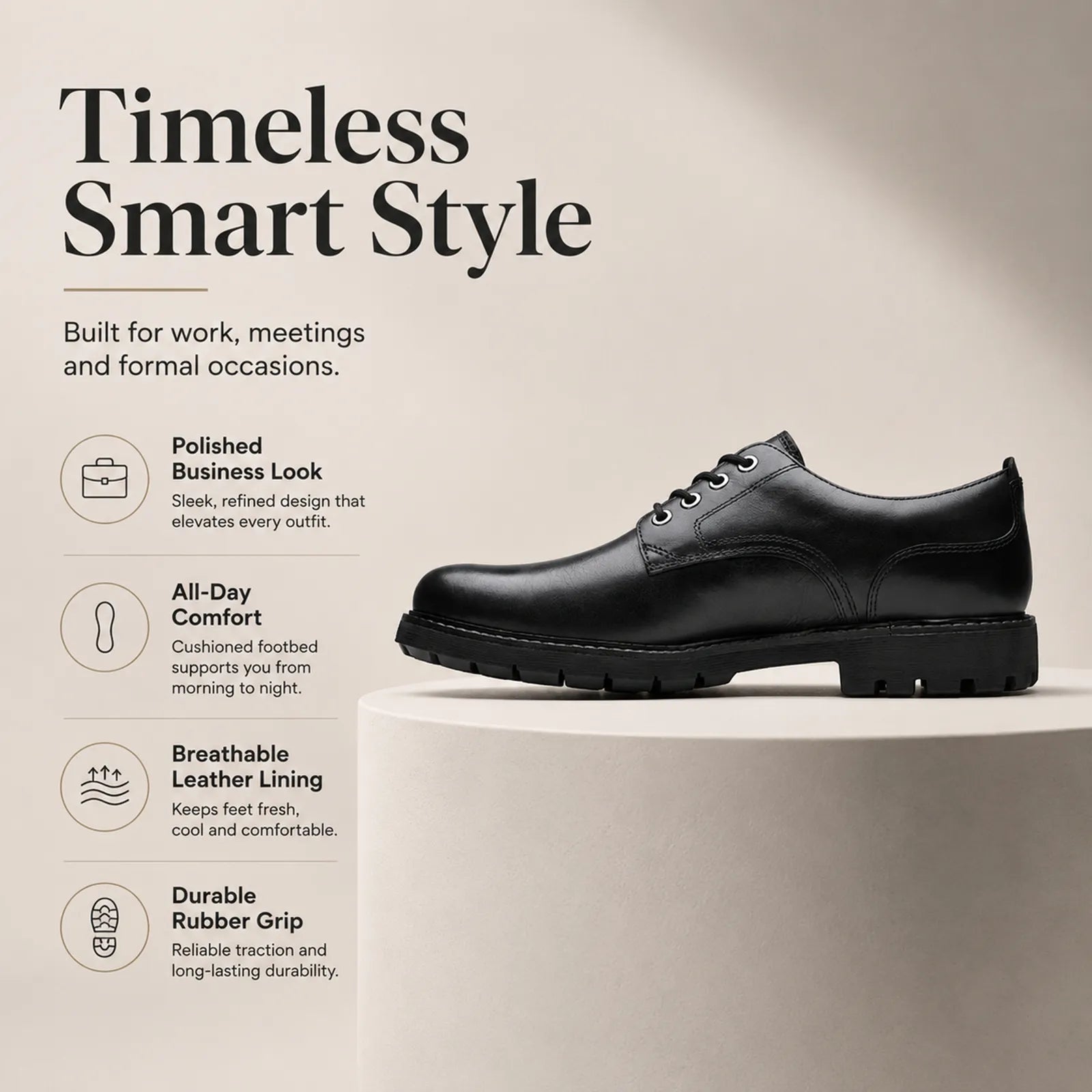 Men's black leather lace-up business shoe, side profile with chunky rubber sole
