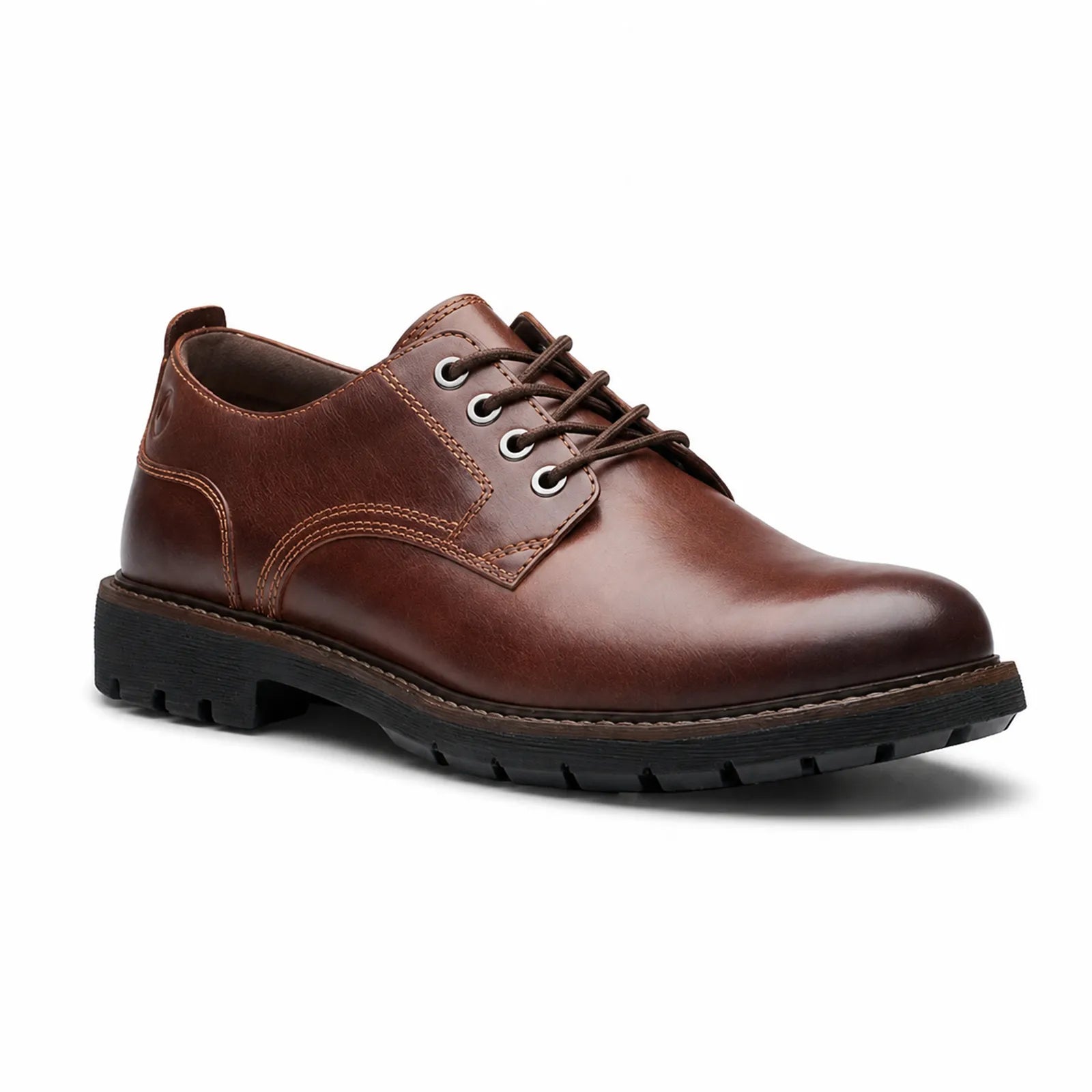 Dark brown leather lace-up business shoes, front 3/4 view