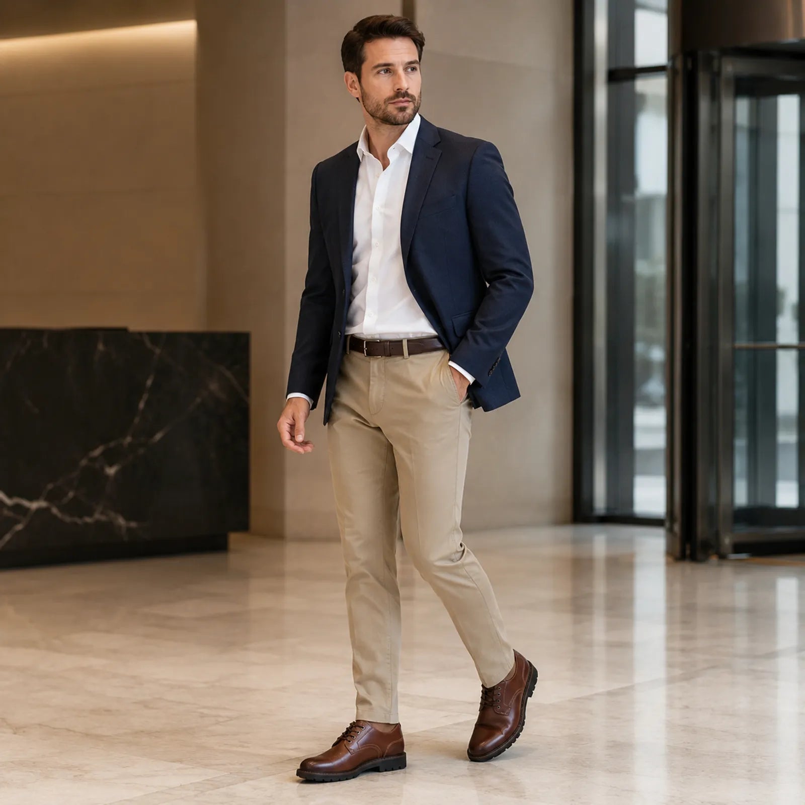 Dark brown leather lace-up business shoes on model, side view