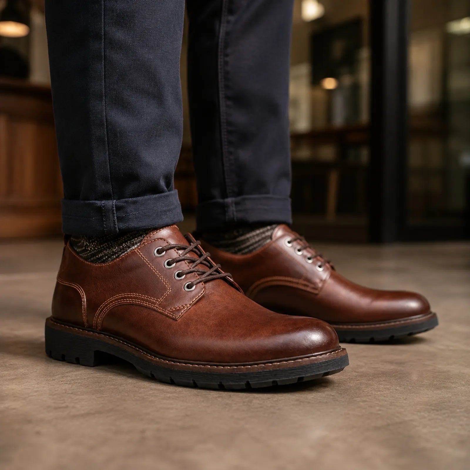 Dark brown leather lace-up business shoes with trouser cuffs, close-up