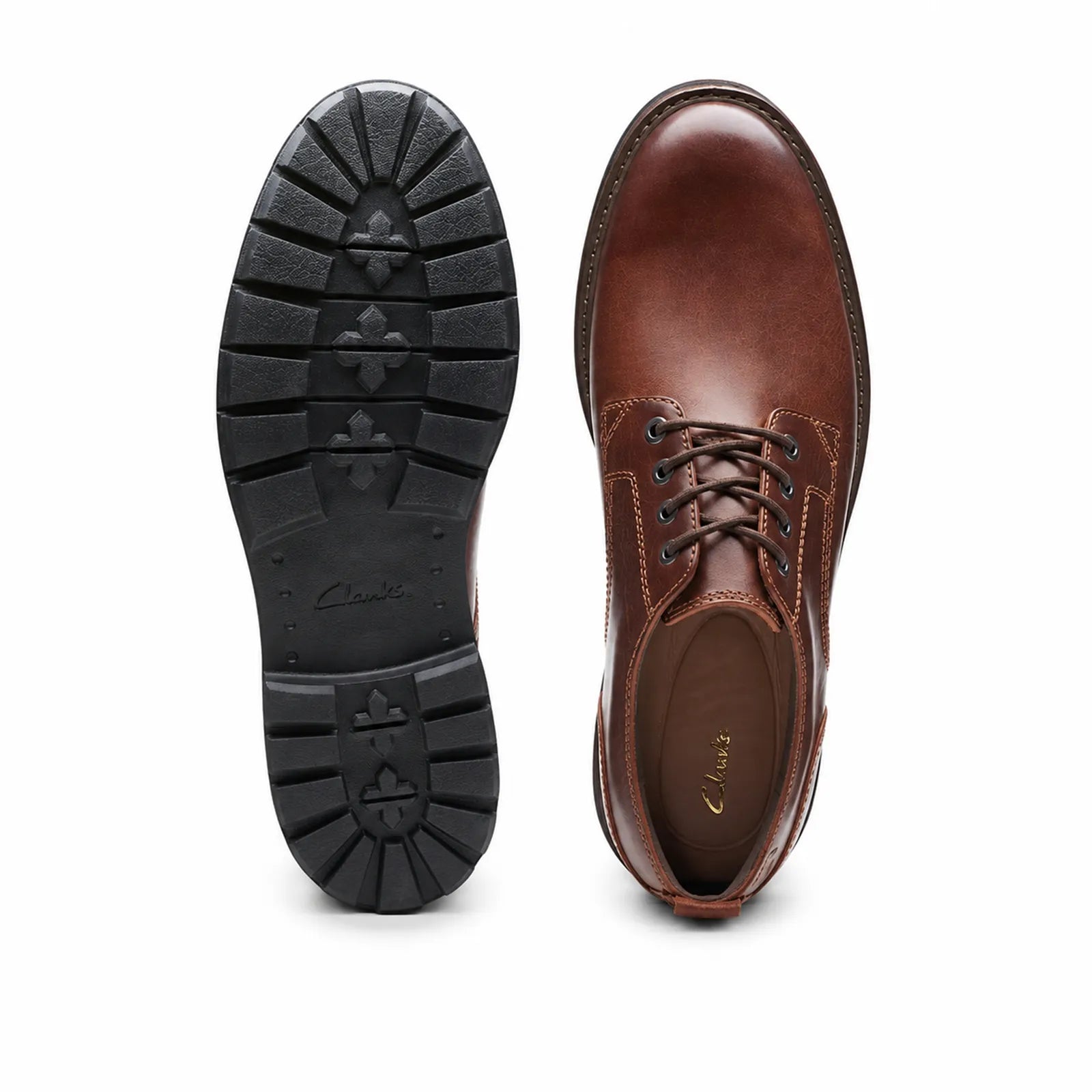 Dark brown leather lace-up business shoes, front and outsole views