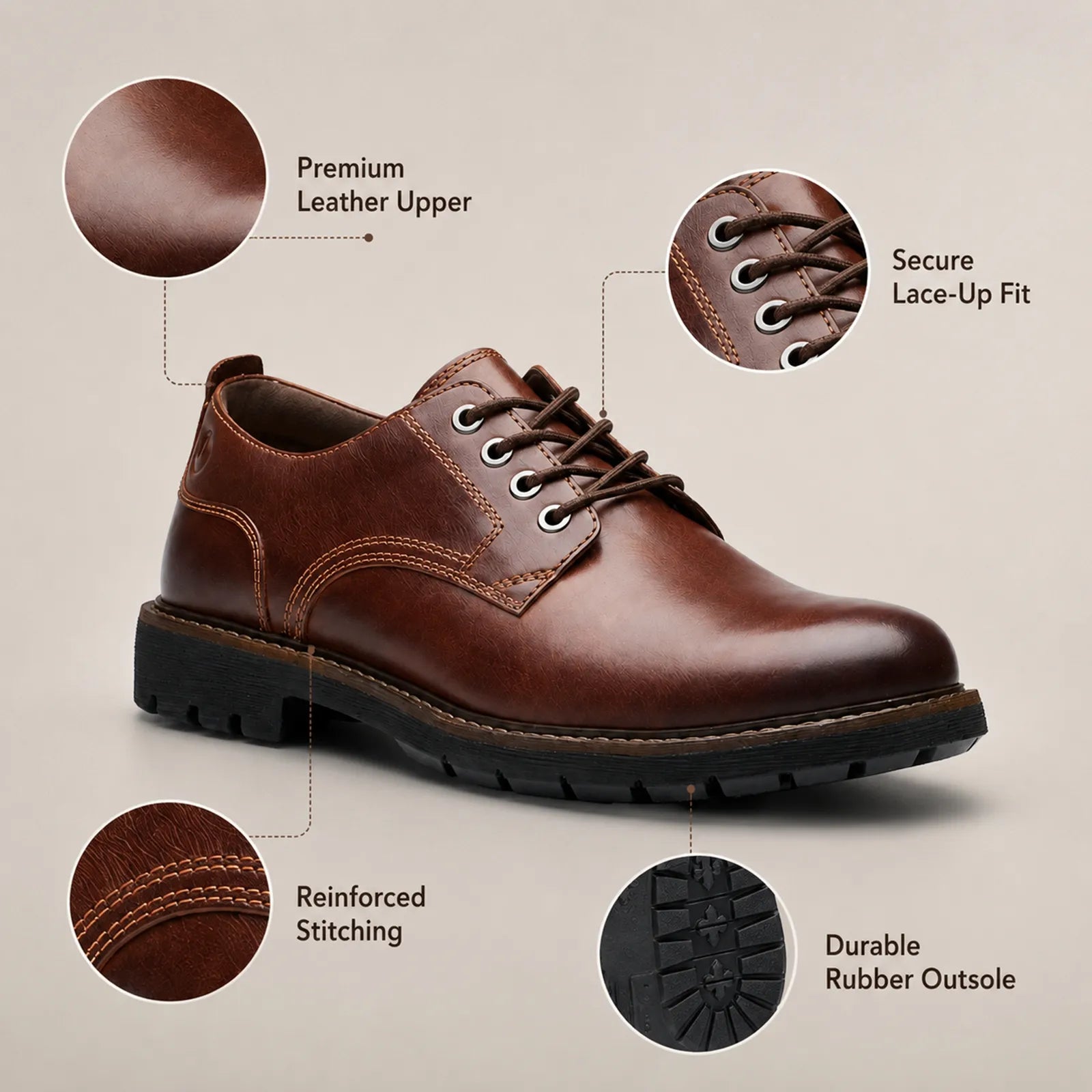 Dark brown leather lace-up business shoes, front 3/4 view
