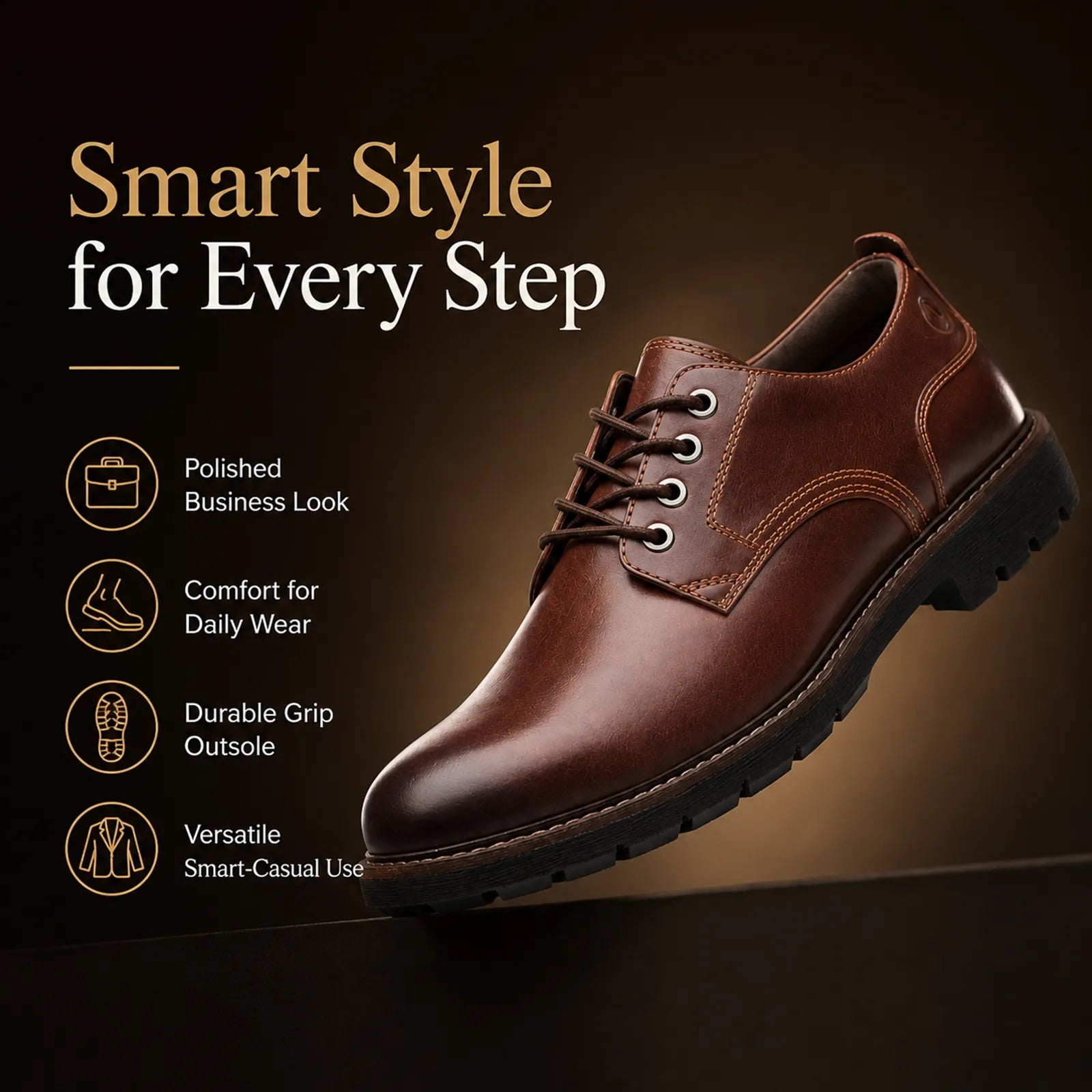 Dark brown leather lace-up business shoes, angled side view