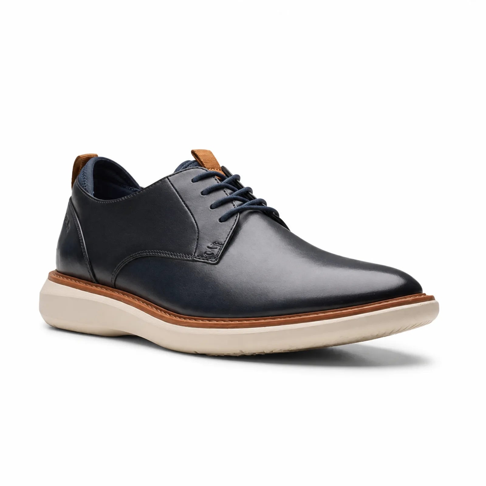 Men's leather lace-up business shoes, dark blue upper with tan sole