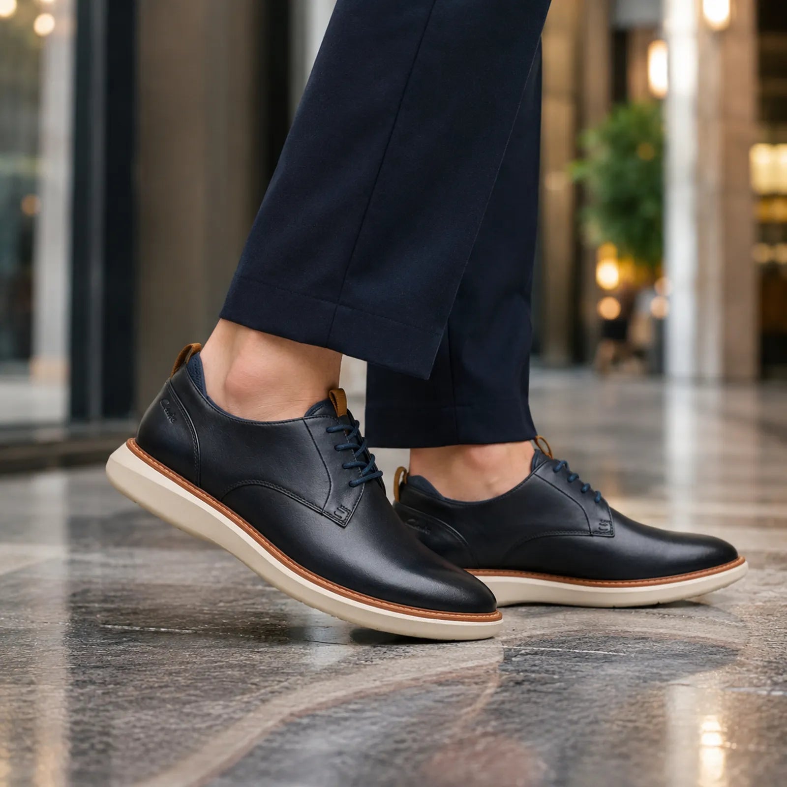 Men's lace-up leather business shoes, dark blue with tan edge and sole
