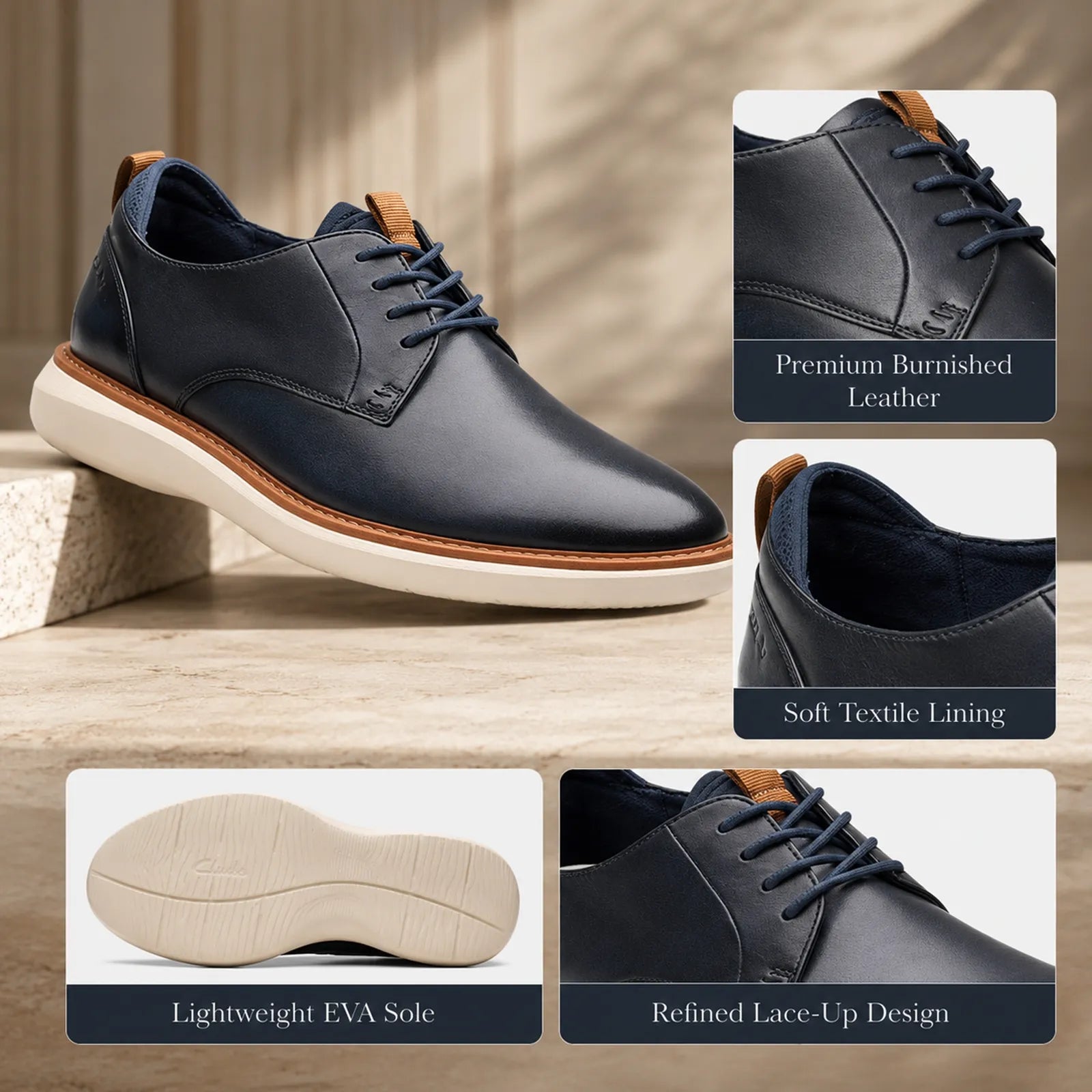 Men's lace-up leather business shoes, dark blue with tan-trimmed sole and stitching