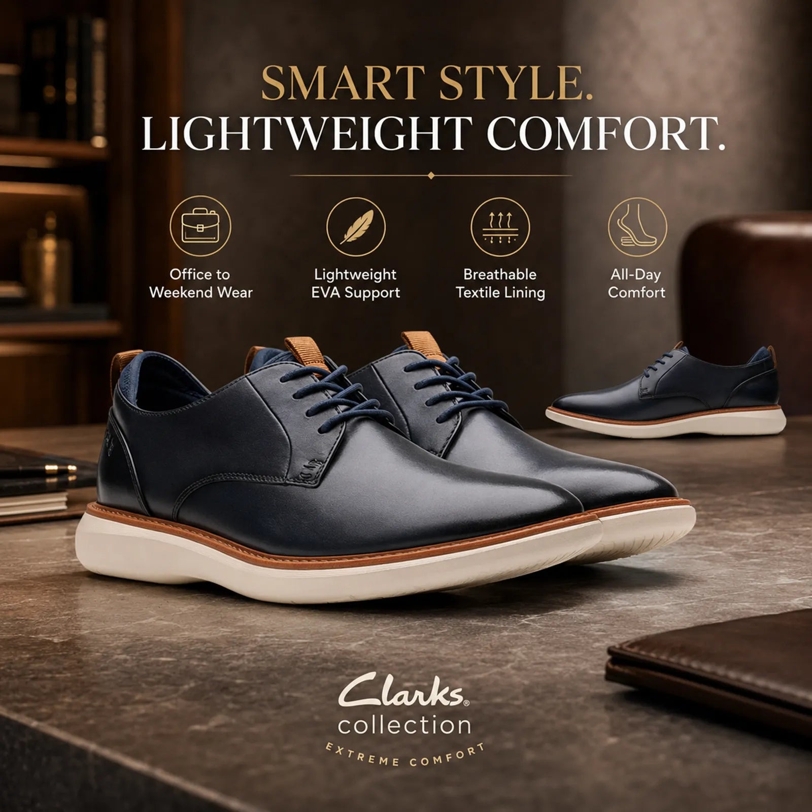 Men's dark blue lace-up leather business shoes with tan edge sole