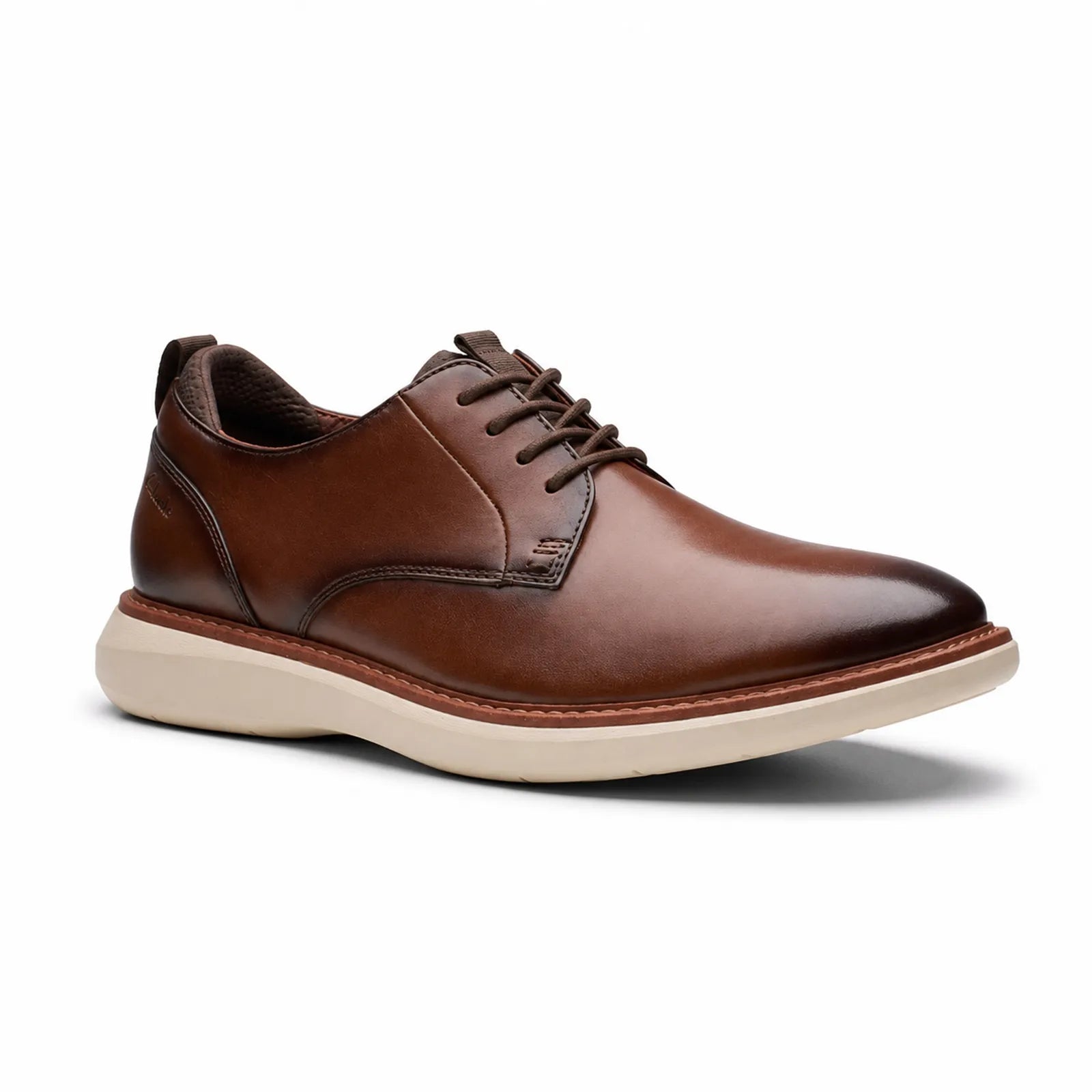 Men's leather lace-up business shoes, brown upper with light sole and tan welt