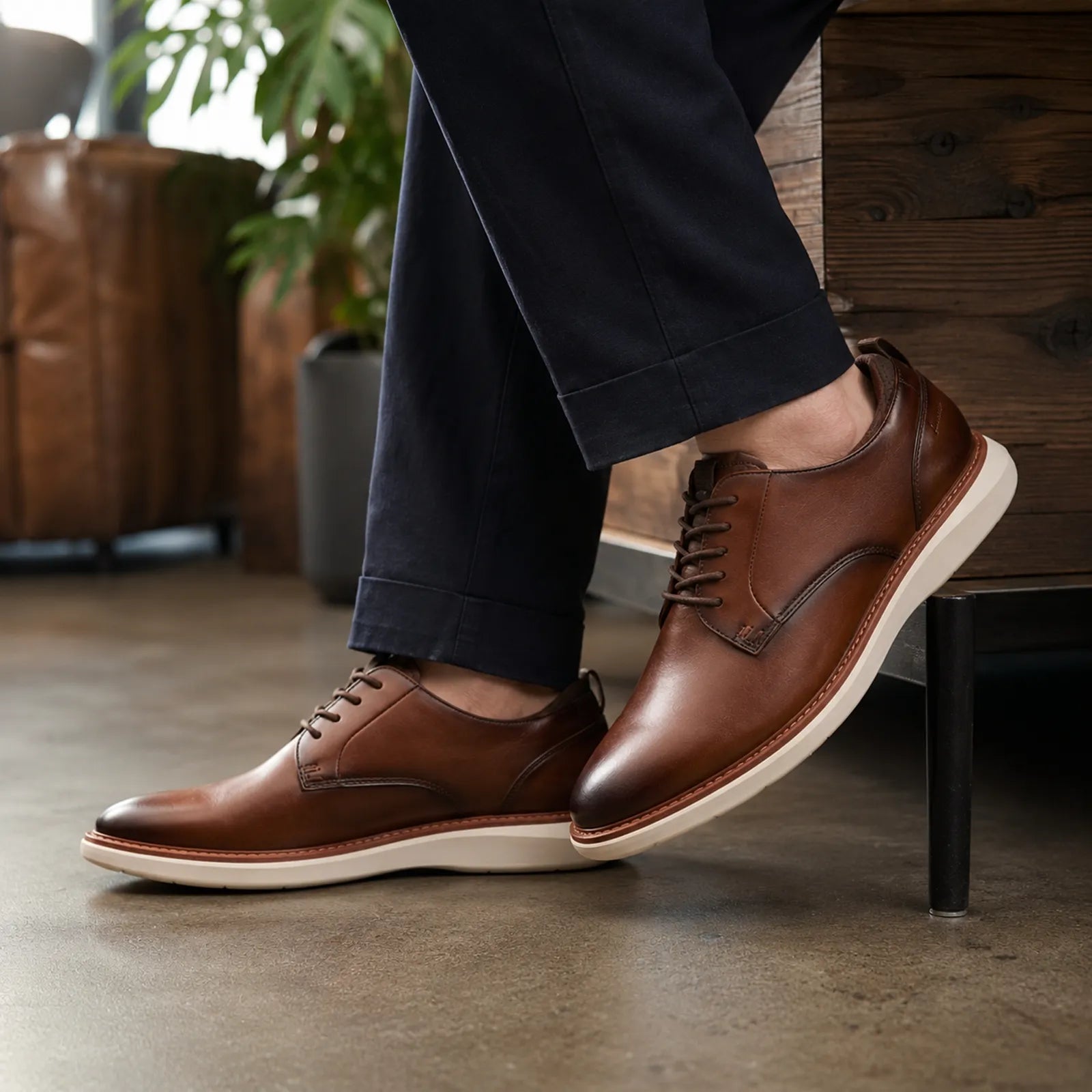 Men's leather lace-up shoes, brown upper with off-white sole and tan stitching