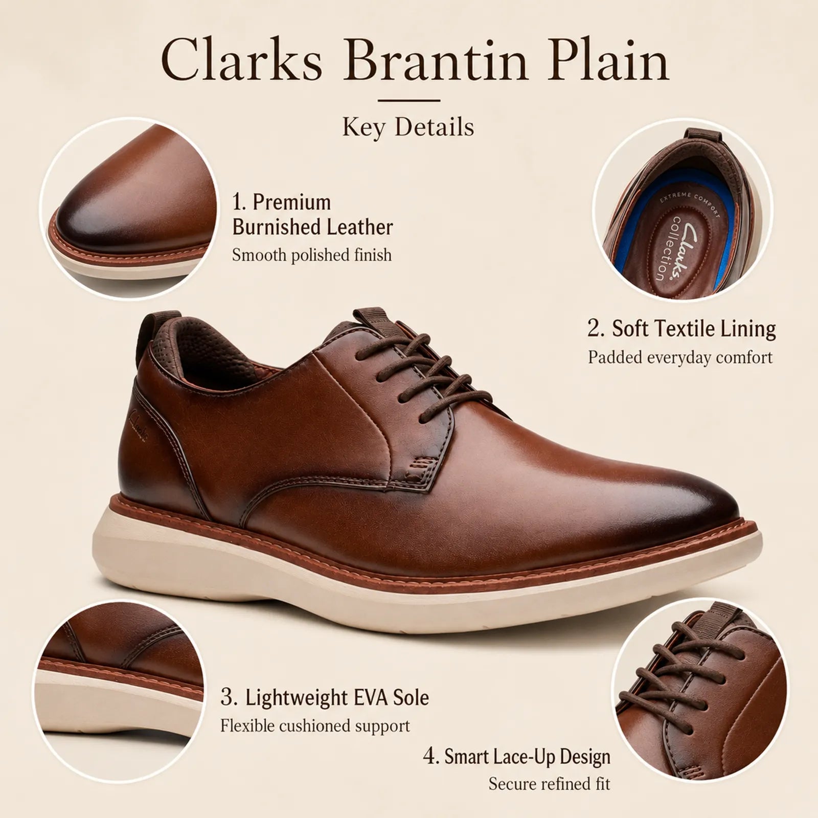 Men's brown leather lace-up business shoes, padded lining, EVA sole