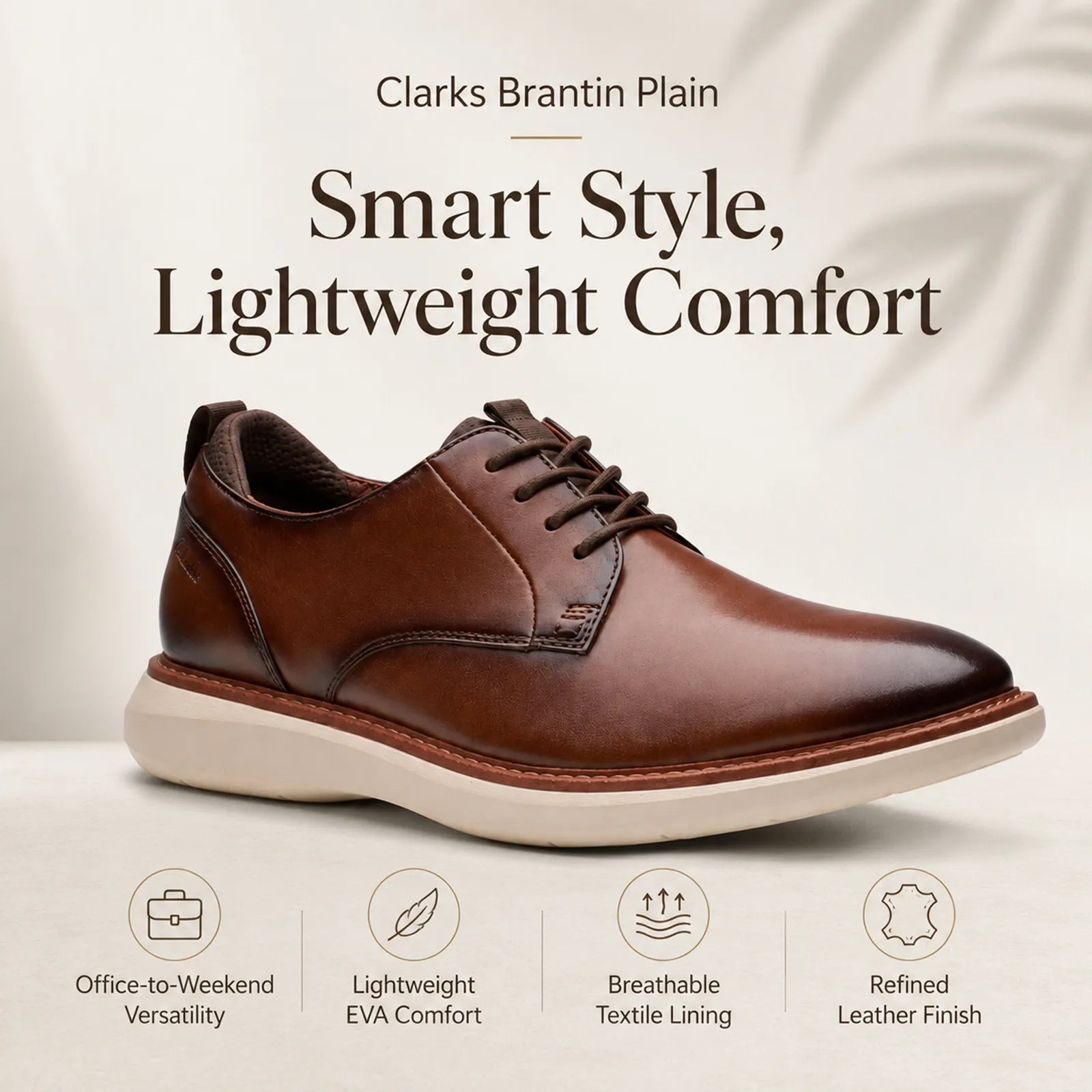 Men's brown leather lace-up business shoes with refined leather finish, EVA sole