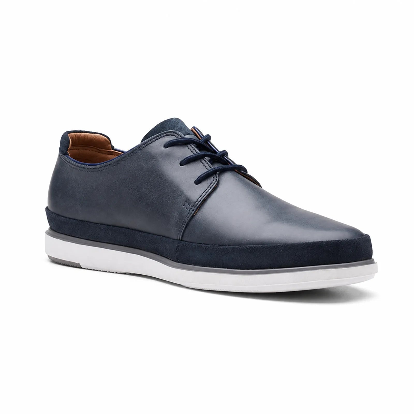 Clarks men's blue lace-up business shoe, leather upper, white sole