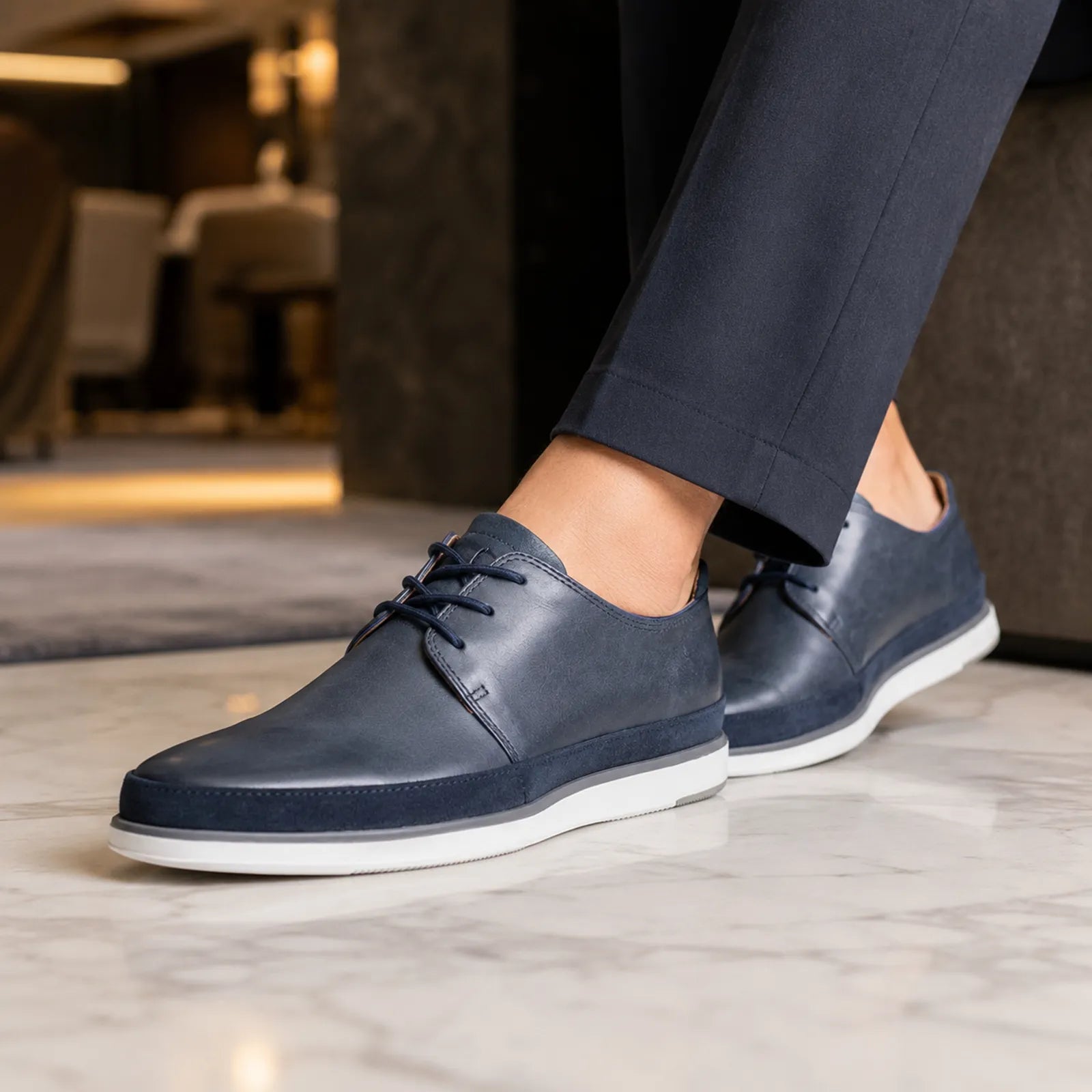 Clarks men's blue lace-up business shoes, leather upper, white midsole