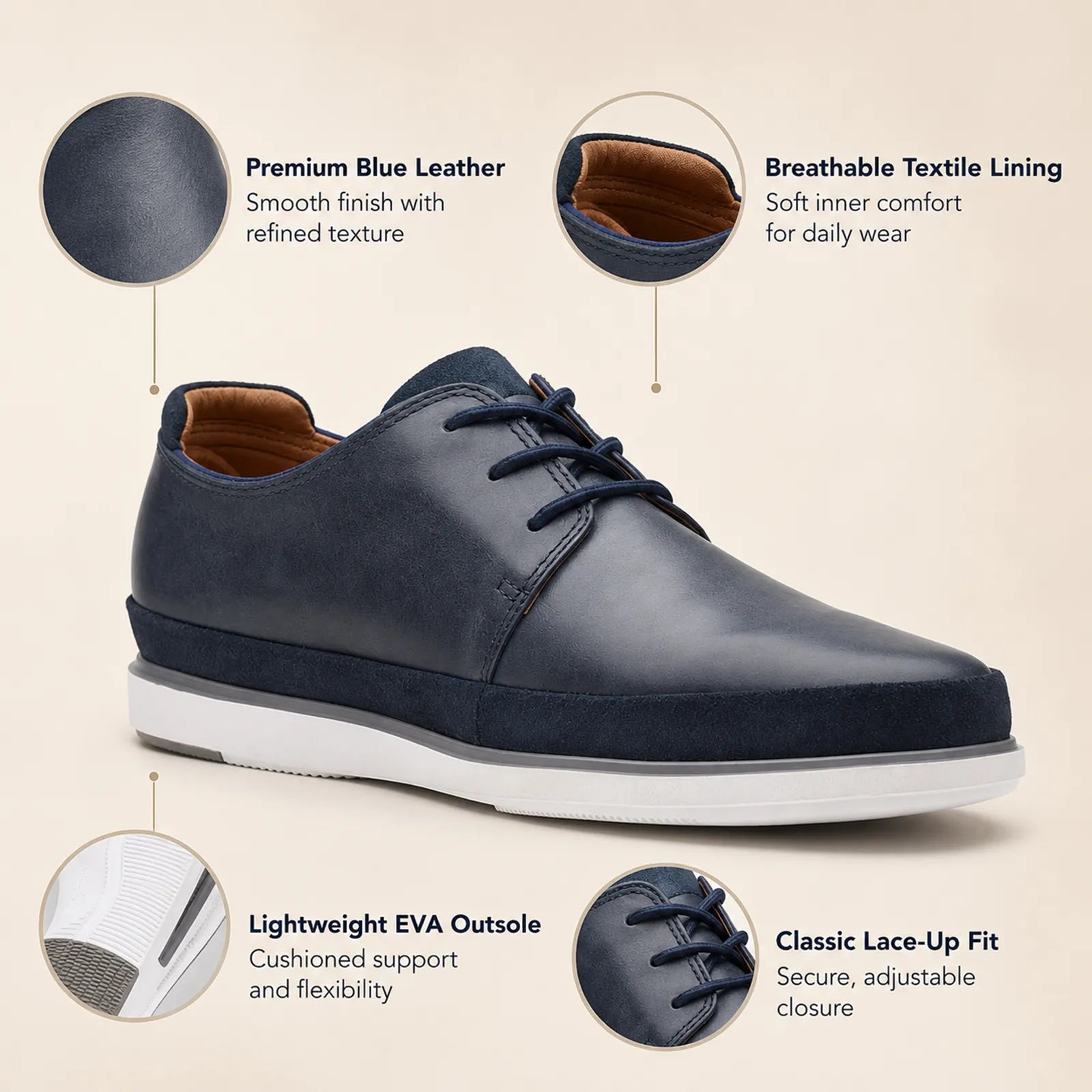 Clarks men's blue leather lace-up business shoe with cushioned white sole
