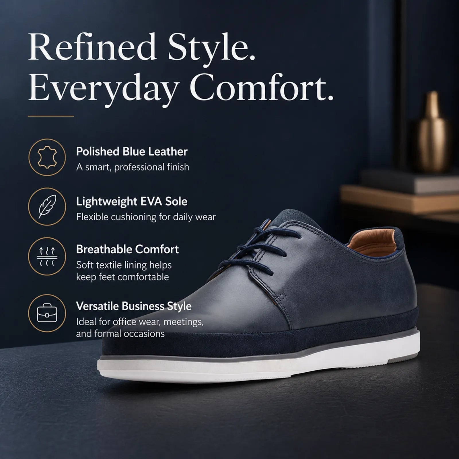 Clarks men's blue leather lace-up business shoe with white sole, side view