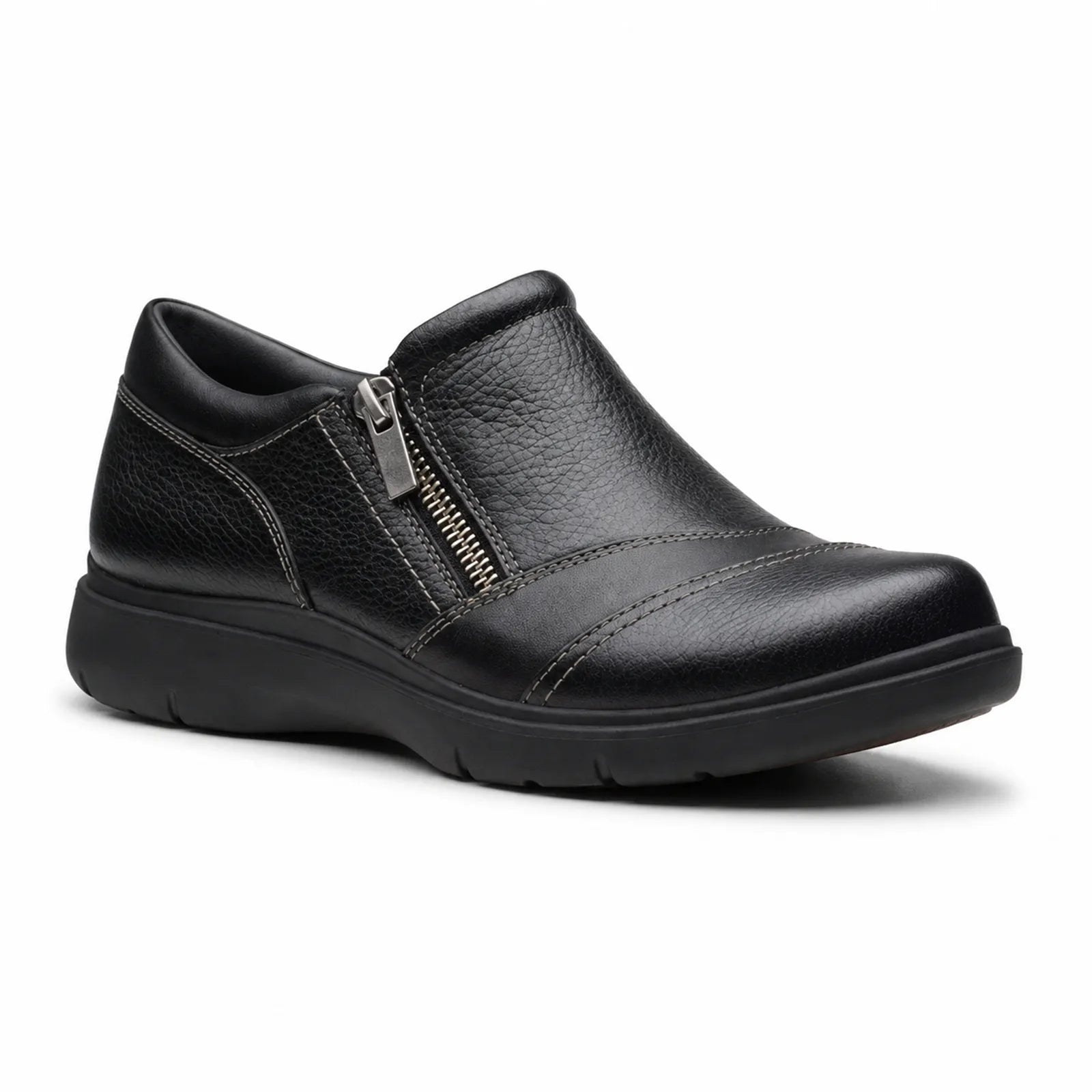 Women's black leather casual slip-on shoes with zip detail and cushioned sole