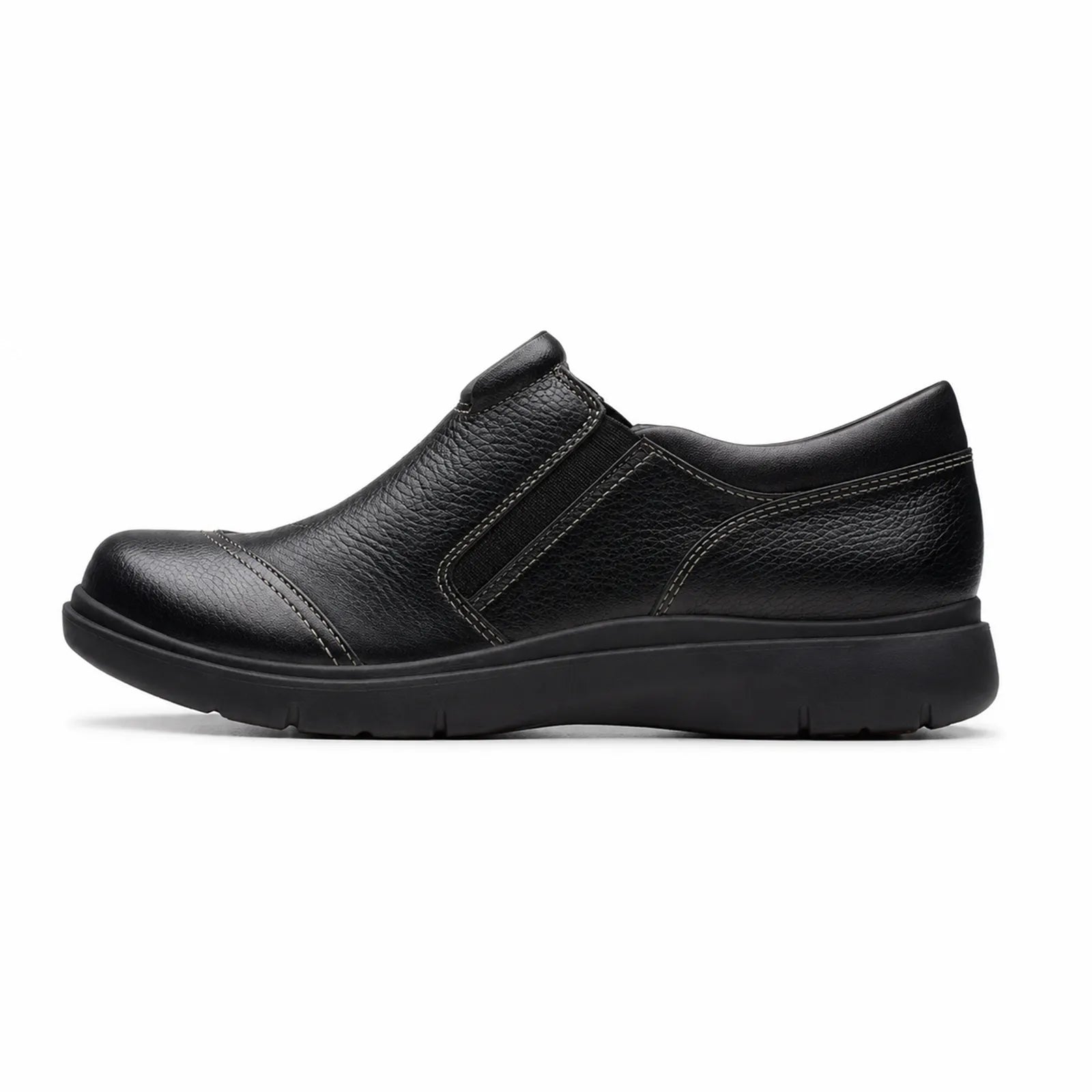 Women's black leather casual slip-on shoe with side zip and textured upper