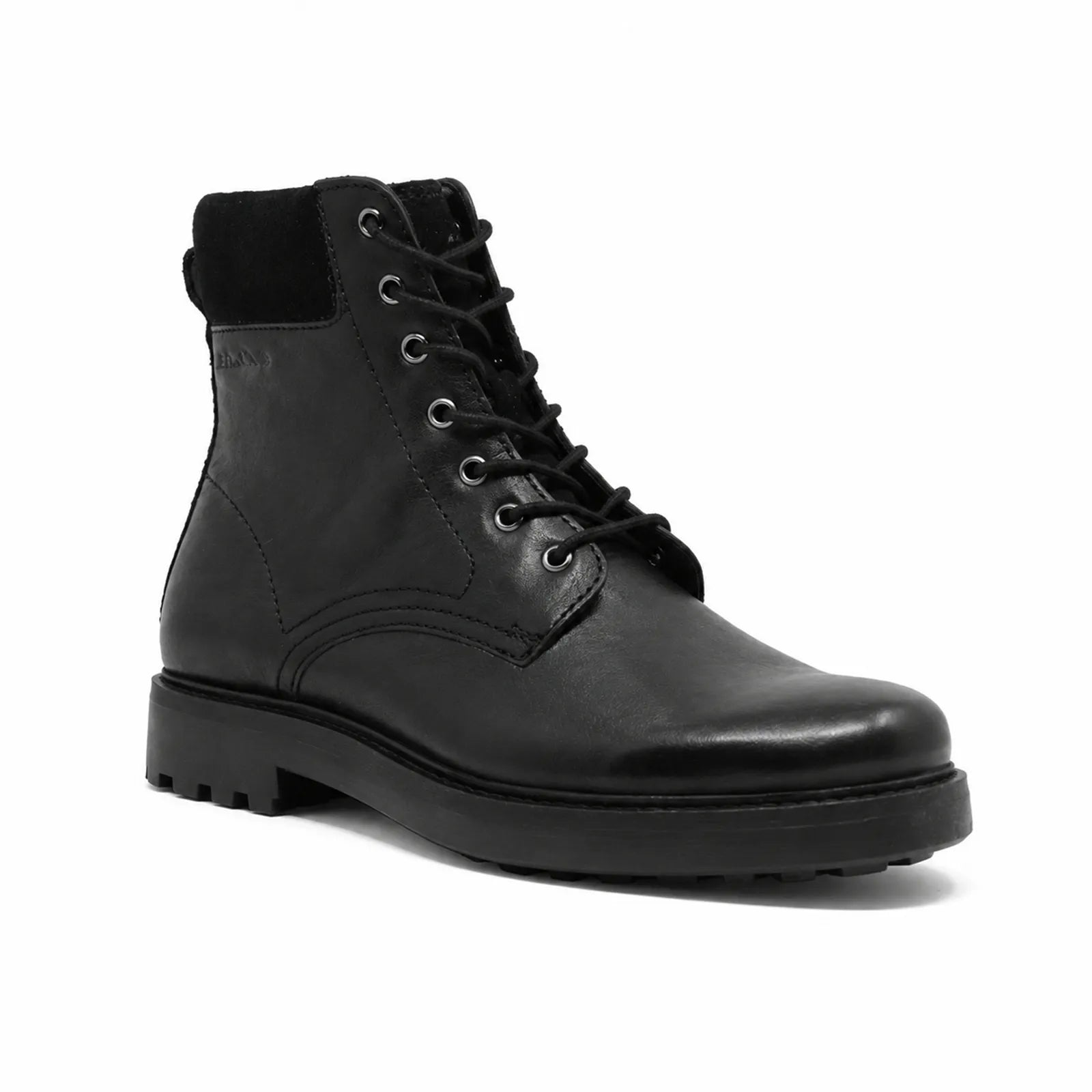 Black men's high-top leather lace-up boots with round toe and padded collar.