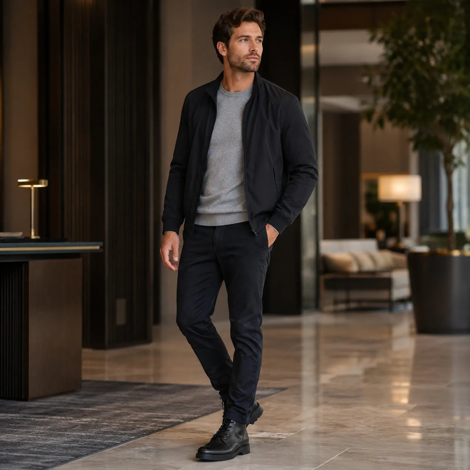Black leather lace-up high boots worn with dark jeans.