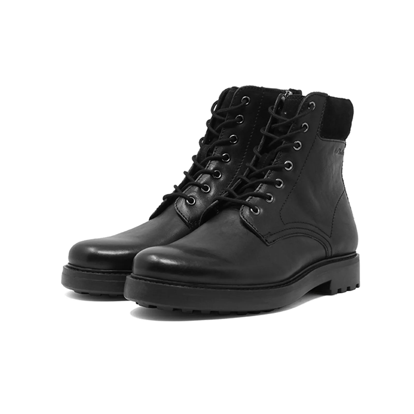 Black leather lace-up high boots with padded collar, eyelet laces, and rubber sole.