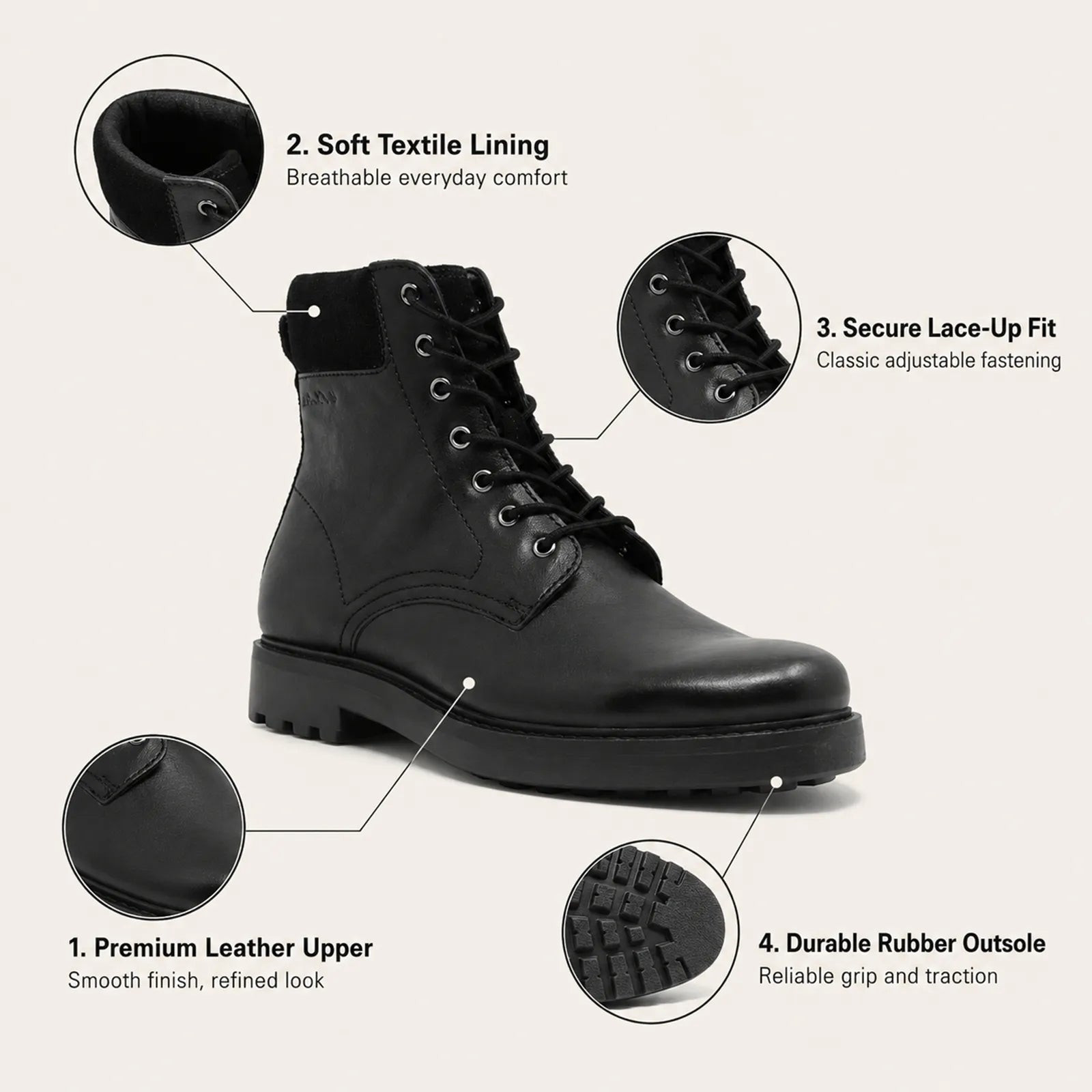 Black leather lace-up high boot with padded lining, eyelet laces, and rubber outsole.