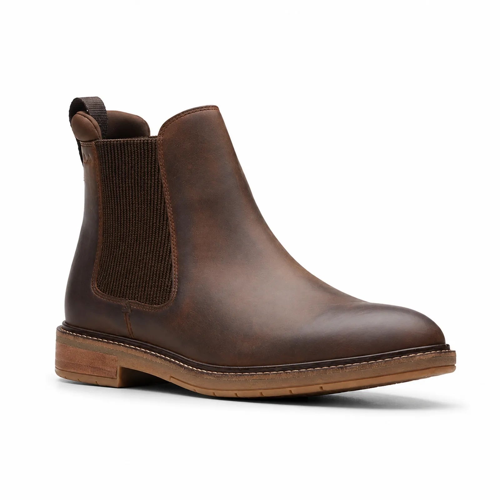 Men's brown leather chelsea boots with elastic side gore and cushioned sole