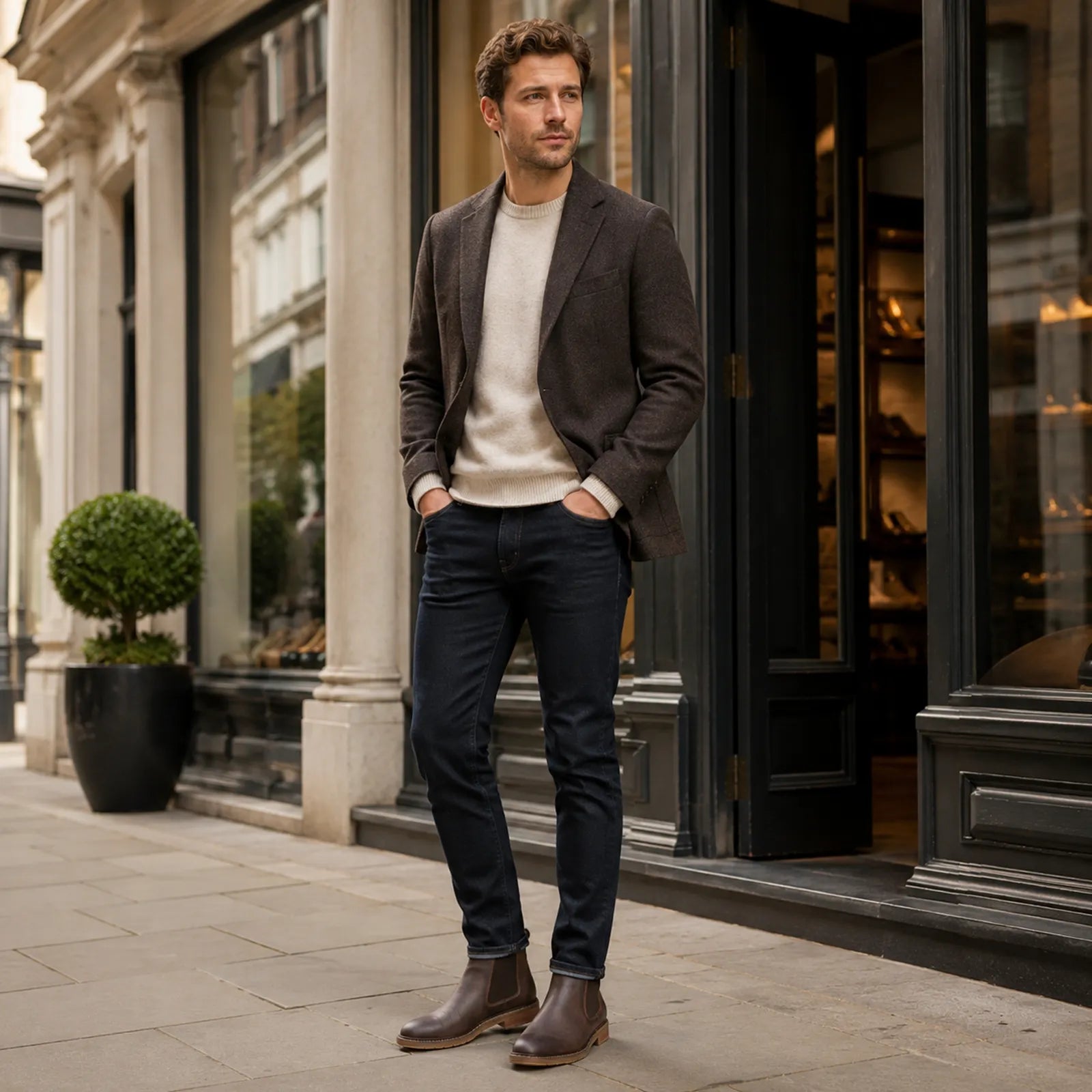 Men's brown chelsea boots with elastic side panels and low-profile sole