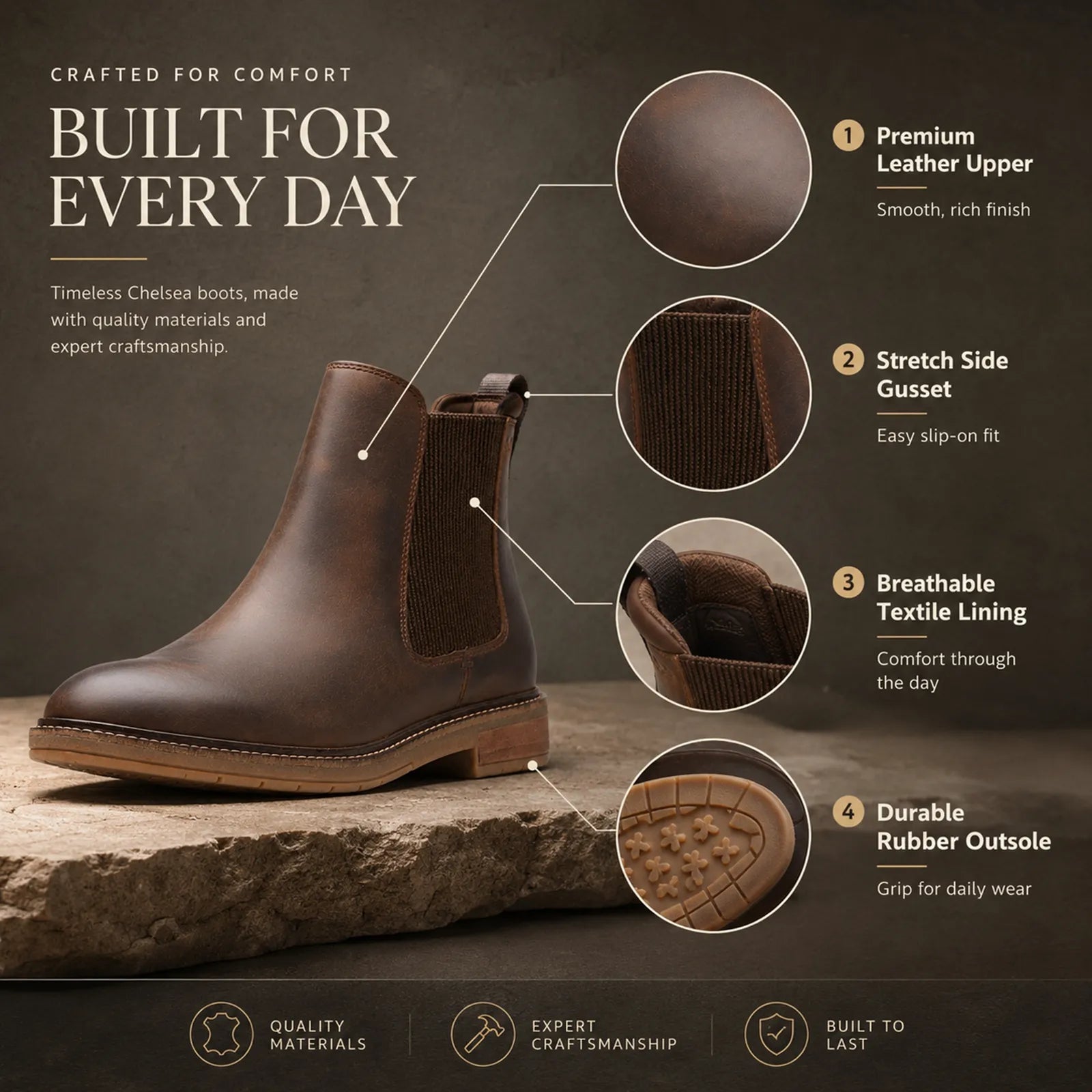 Brown leather chelsea boots illustration, elastic side gore and durable rubber outsole