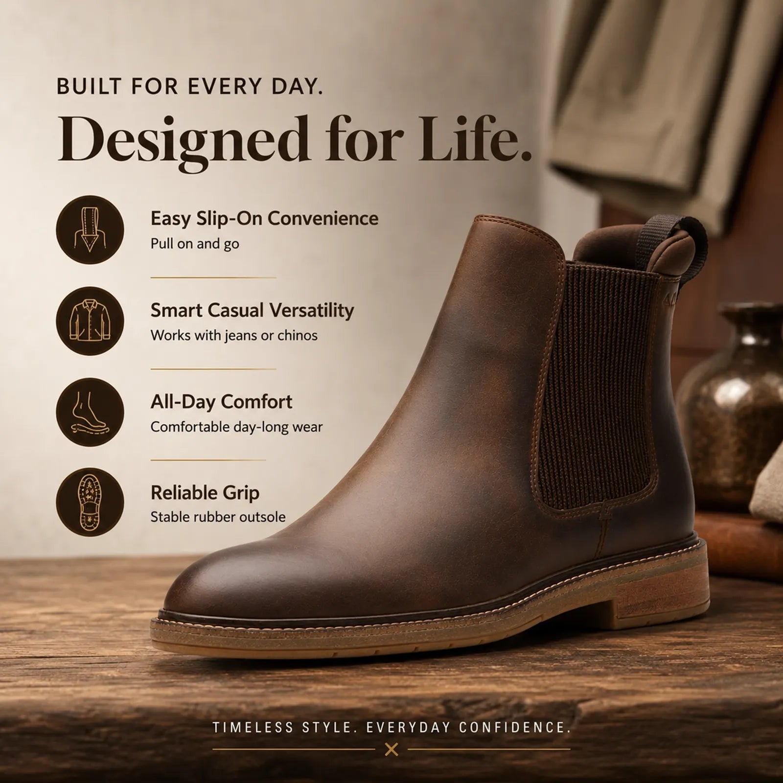 Brown leather chelsea boots with elastic side gore and durable rubber outsole