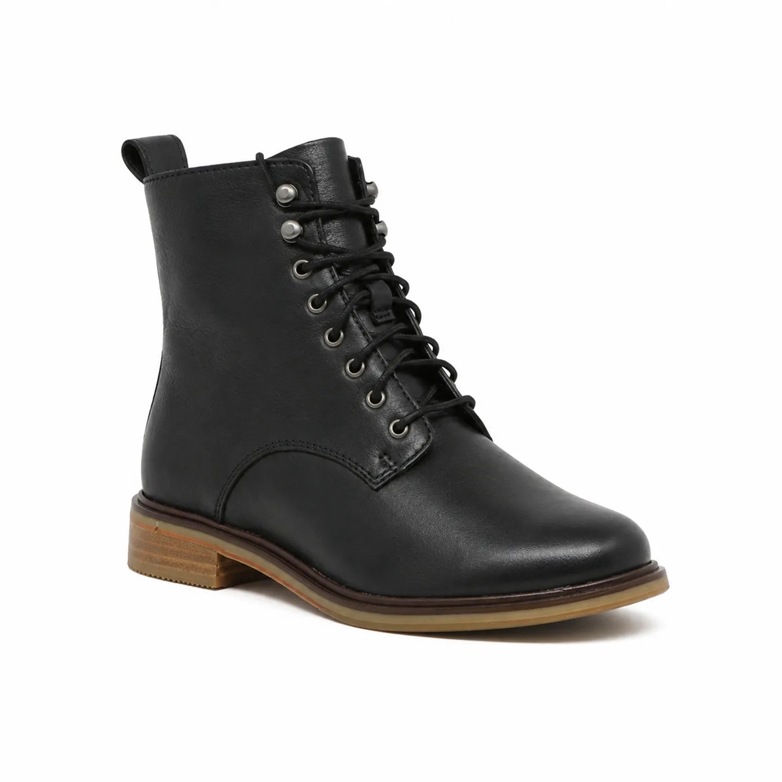 Black leather lace-up ankle boots with padded collar and tan rubber sole.