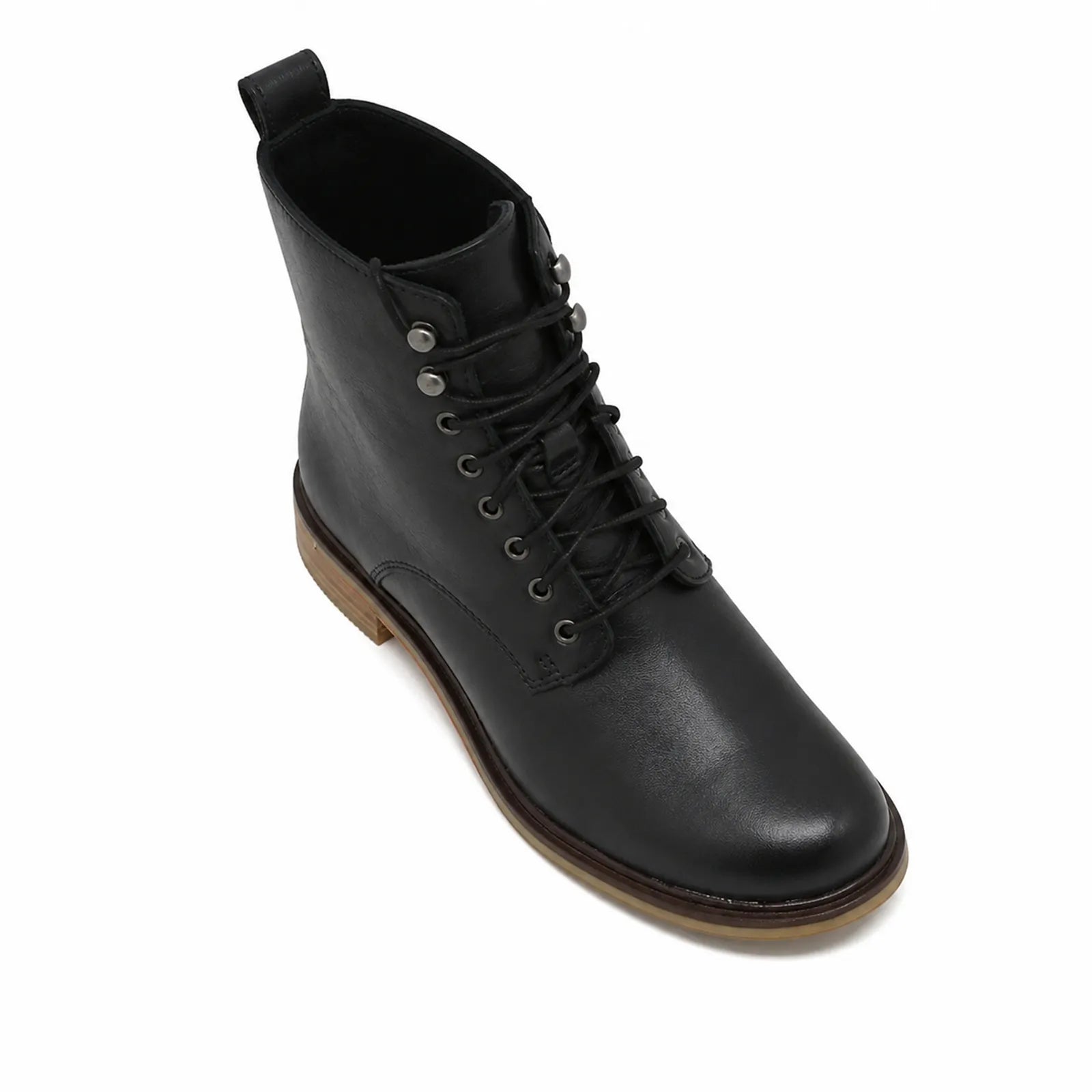 Black leather lace-up ankle boots, rounded toe, side eyelets, tan outsole.